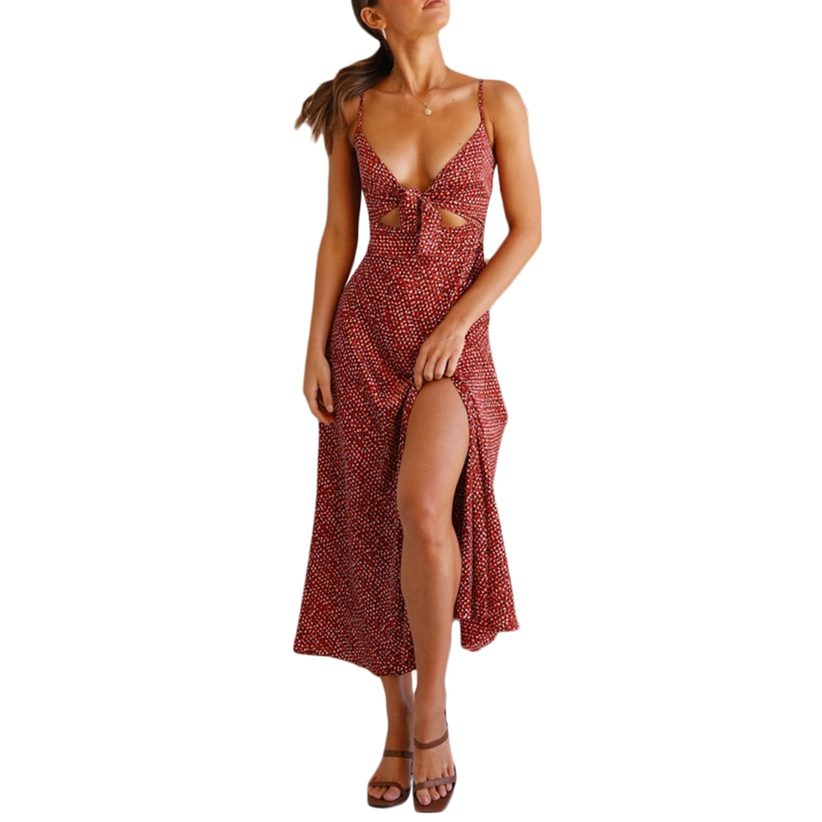 Women's Spaghetti Strap Satin Boho Floral Midi Dress - Tie Front Backless Split Design for Casual Wear, Wedding Guest & Summer Outfits | Flowy Cutout Dress for Beach, Party & Special Occasions