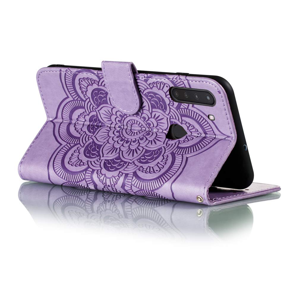 Premium PU Leather Mandala Embossed Flip Wallet Case for Samsung Galaxy A21 - Shockproof Cover with Card Holder & Kickstand (Light Purple) | Perfect for Work, Travel & Everyday Protection