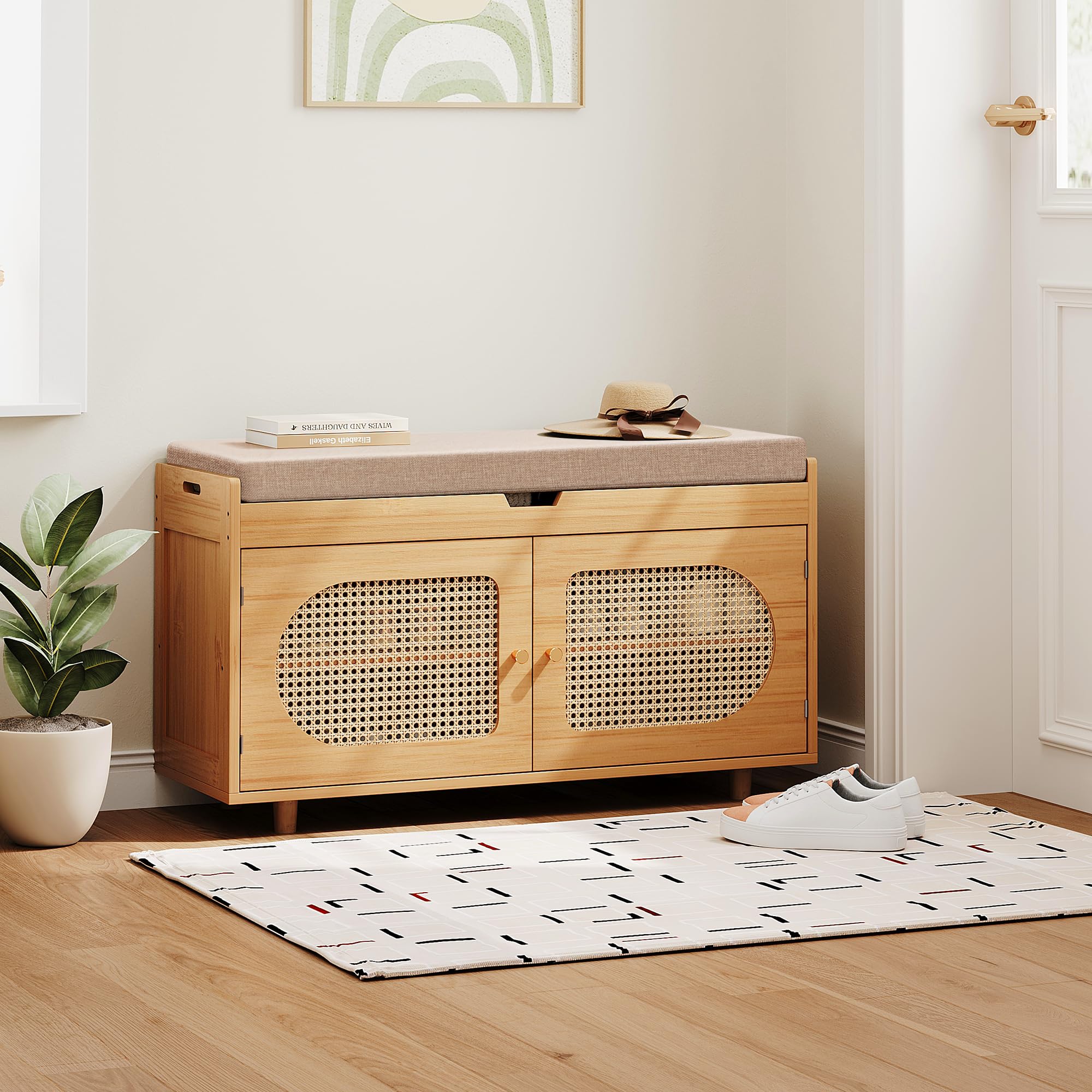 Rattan Shoe Storage Bench - Entryway Organizer with Bamboo Shoe Cabinet, Brown | Space-Saving Shoe Rack for Hallway, Bedroom & Mudroom Organization