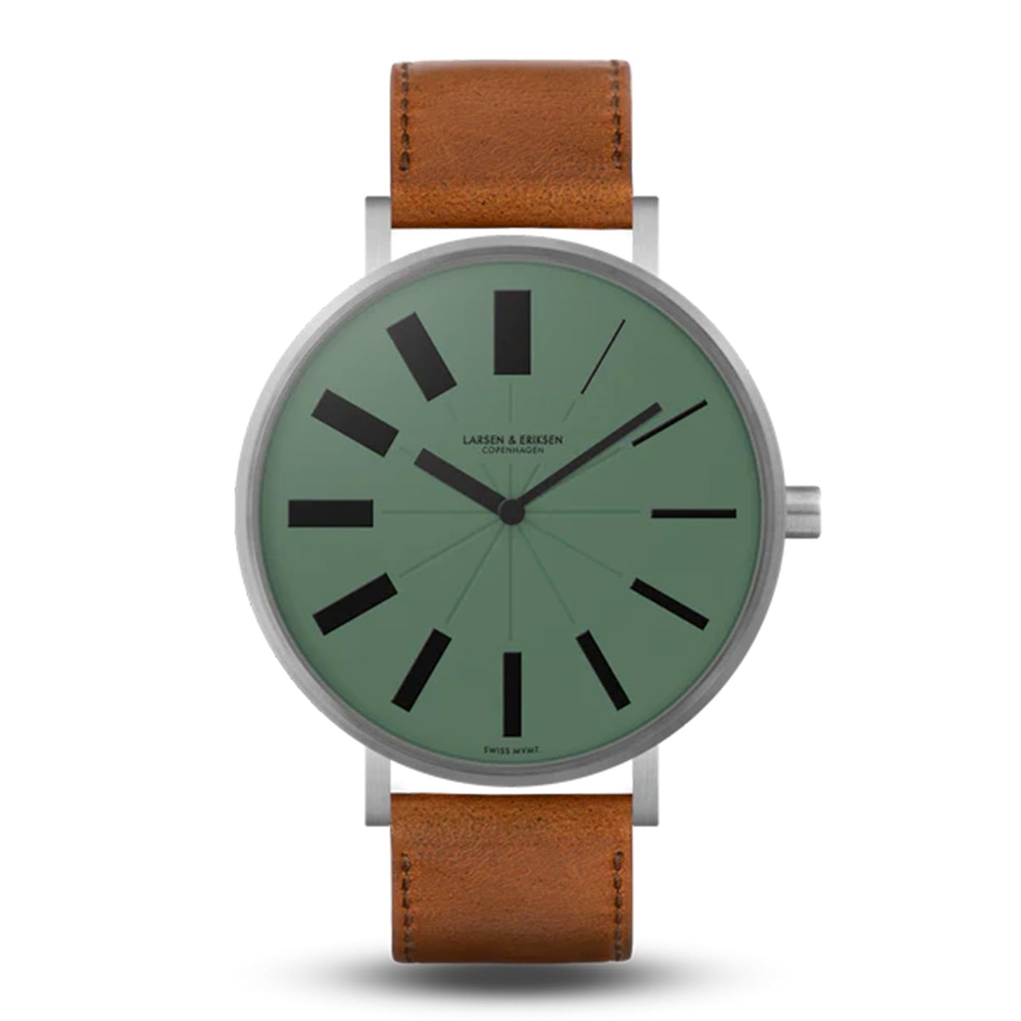 LARSEN & ERIKSEN Evolution Men's Minimalist Analog Wrist Watch - 41mm Scratchproof Glass, 5ATM Water Resistant, Swiss Movement, Hand Assembled - Silver/Green/Brown - Perfect for Business, Casual & Outdoor Activities