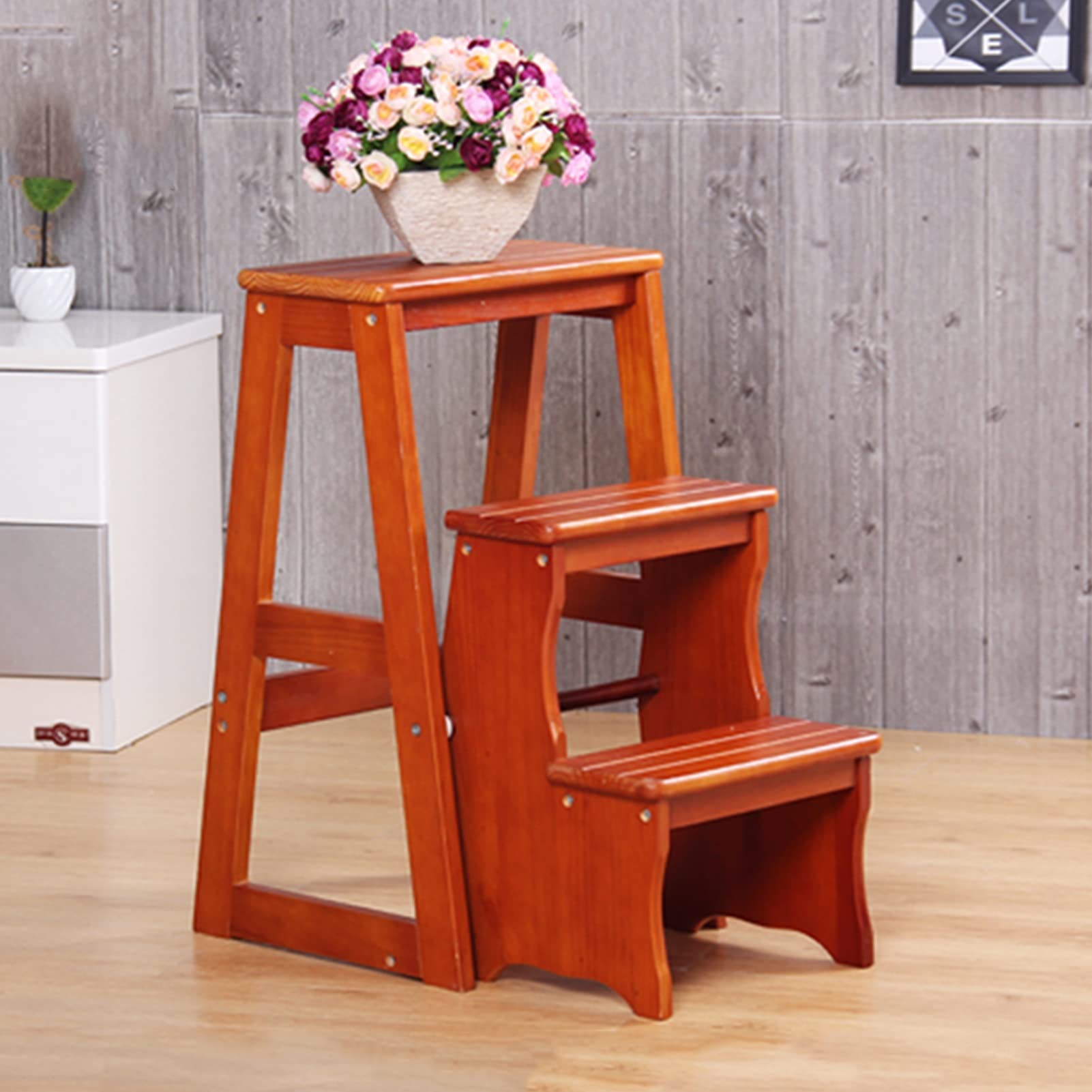 NEVKA 3-Step Wooden Folding Step Stool - Non-Slip Safety Kitchen Step Ladder, Portable Shoe Bench & Flower Stand for Home, Office, and Garden Use