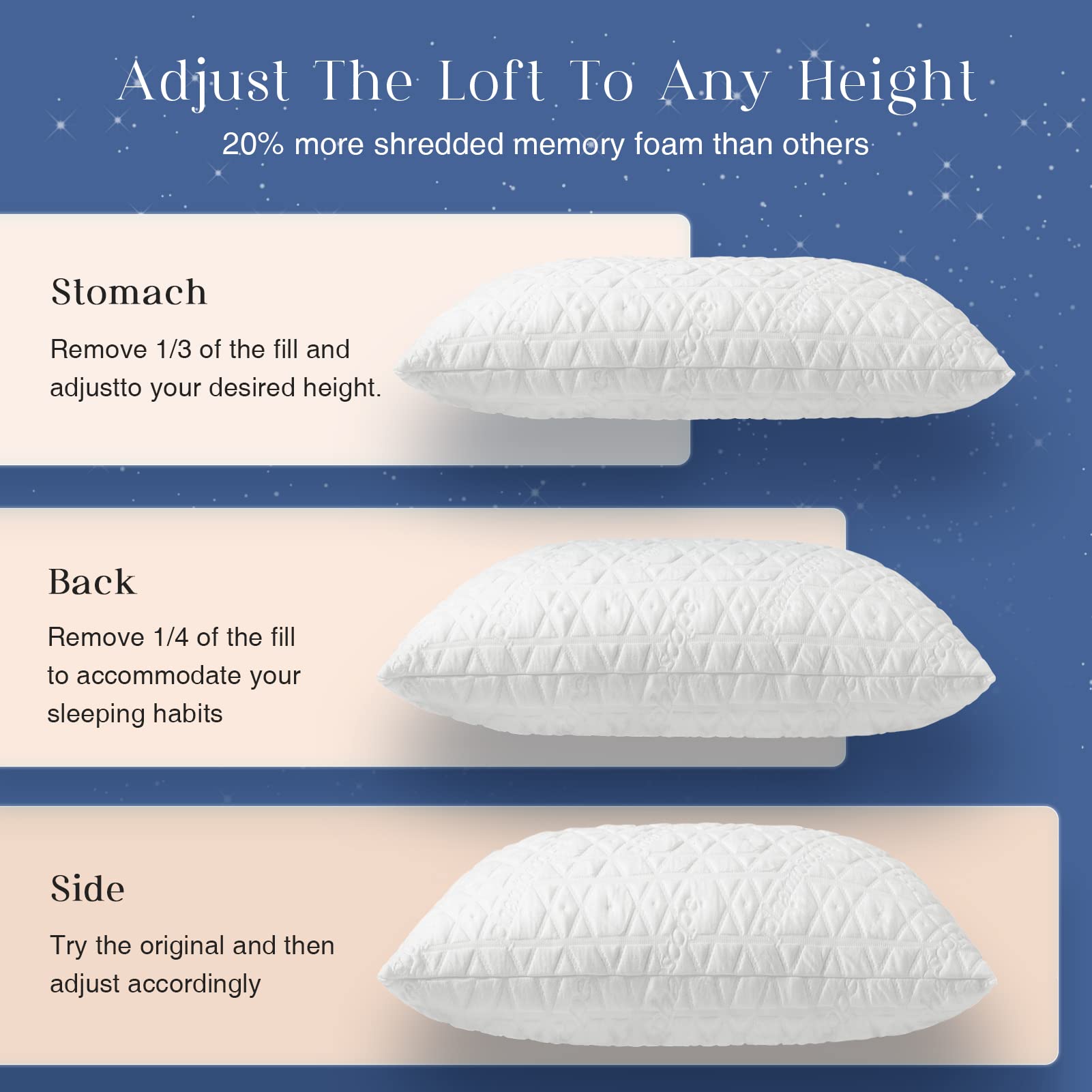 Phantoscope Shredded Memory Foam Pillows Queen Size 2 Pack - Cooling Adjustable Bed Pillows for Neck & Shoulder Pain Relief, Breathable Firm Pillow for Hot Sleepers - Perfect for Side, Back & Stomach Sleepers