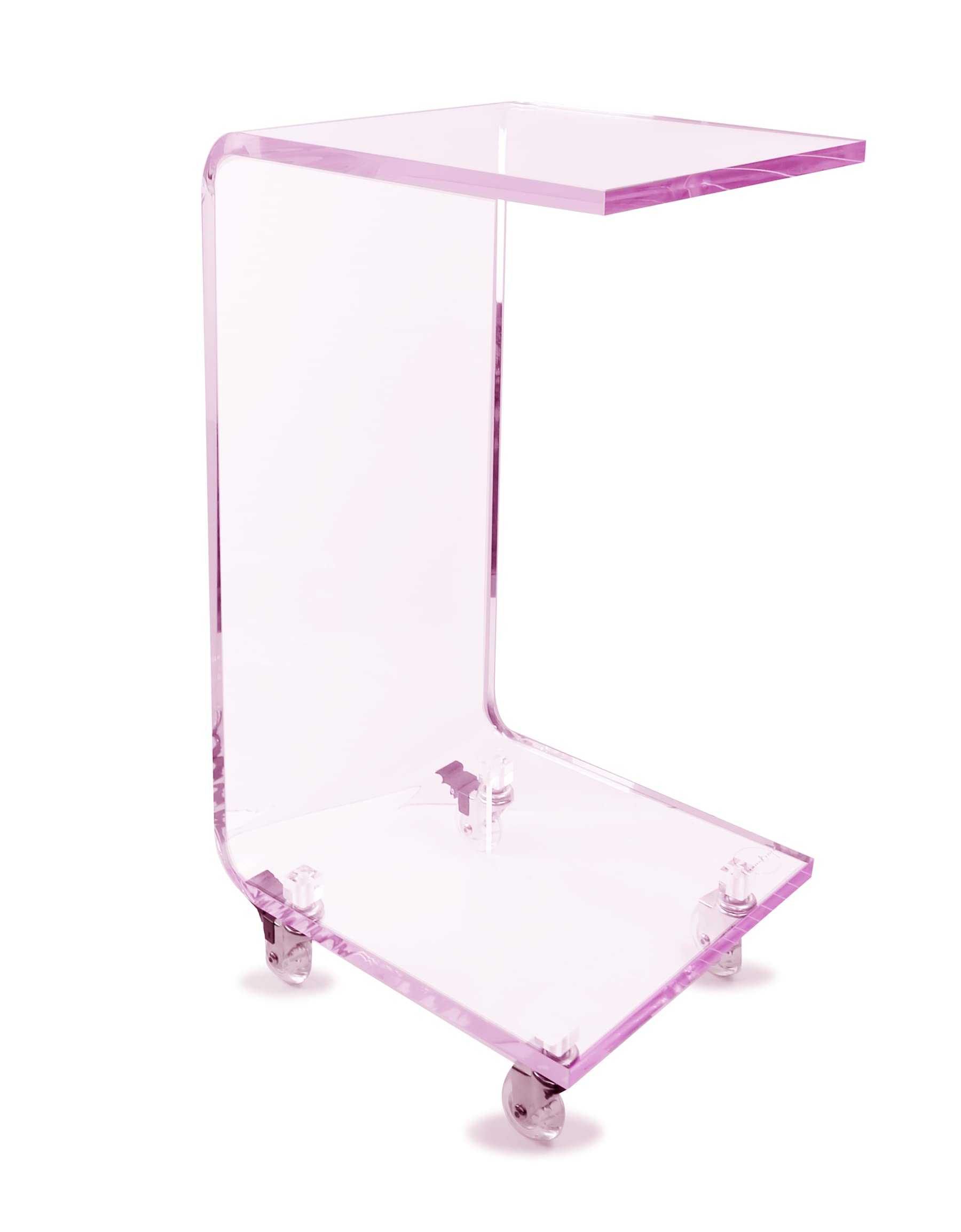 Designstyles Acrylic C-Shaped Side Table with Wheels - Modern Small End Table for Living Room, Sofa & Bedroom - Multi-Functional Drink Table, TV Tray & Laptop Stand - Perfect for Home Decor, Office & Dorm (Pink Edge)
