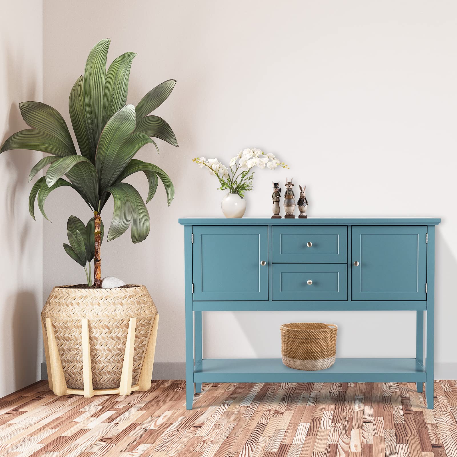 COSTWAY Buffet Sideboard with 2 Wood Storage Drawers & Open Shelf | Modern Console Table for Living Room, Kitchen & Dining Room Furniture | Blue Storage Cabinet for Home Organization & Entertaining