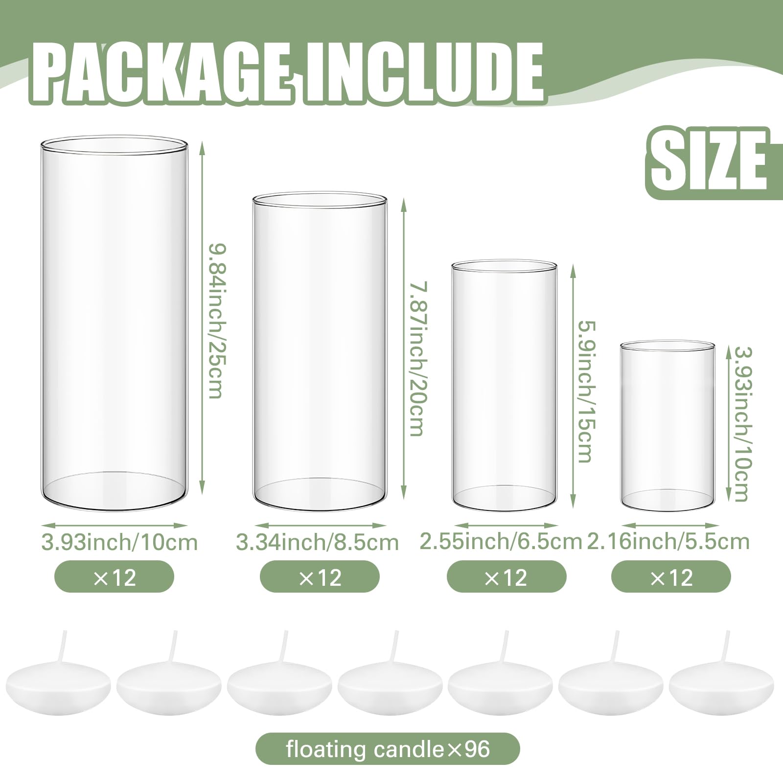 48 Pcs Glass Cylinder Vase Set - 4 Sizes (4/6/8/10 Inch) Clear Round Hurricane Vases with 96 Floating Candles for Wedding Centerpieces, Holiday Decor, Party Events & Home Decoration - Perfect for Table Settings, Floating Flower Displays & Candlelight Dinners