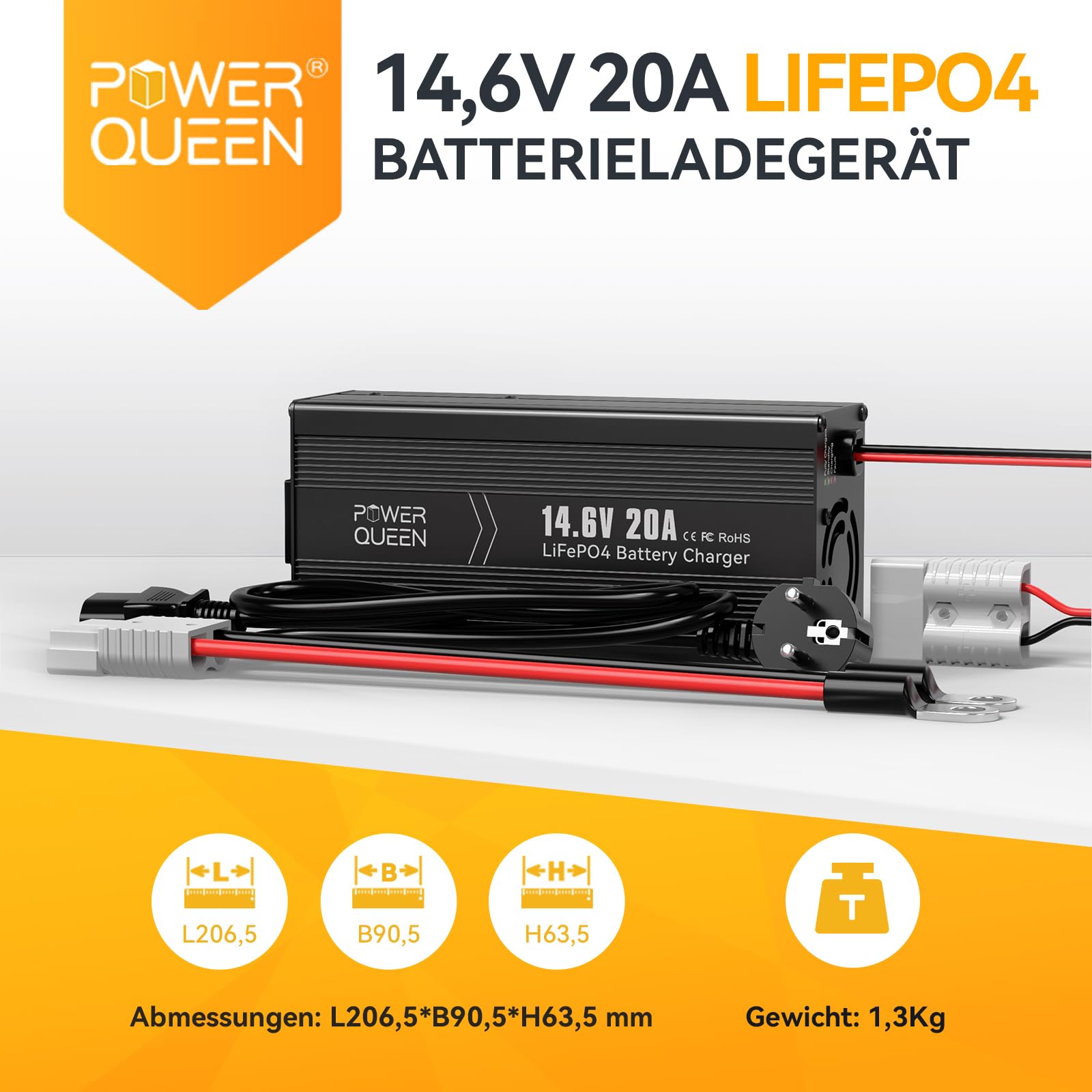 Power Queen 14.6V 20A LiFePO4 Battery Charger - 2-Stage Smart Charger & Maintainer for 12V (12.8V) Lithium Iron Phosphate Batteries - Perfect for RVs, Solar Systems, Marine & Off-Grid Power Applications
