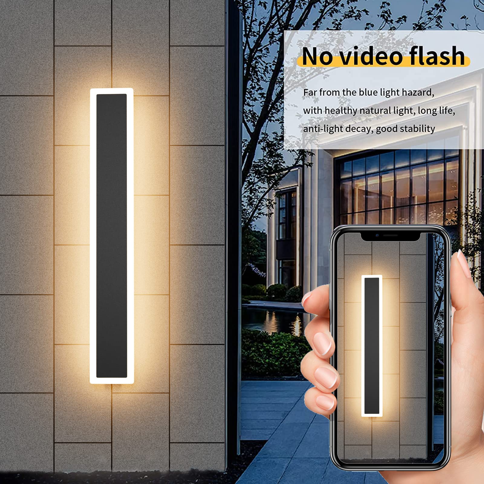 Aipsun 2 Pack 23.6 Inch Black Outdoor LED Wall Sconce - Modern Porch & Patio Lighting with 3000K Warm White Light - Waterproof Exterior Wall Lights for Living Room, Garage, Bathroom, Garden & Entryway
