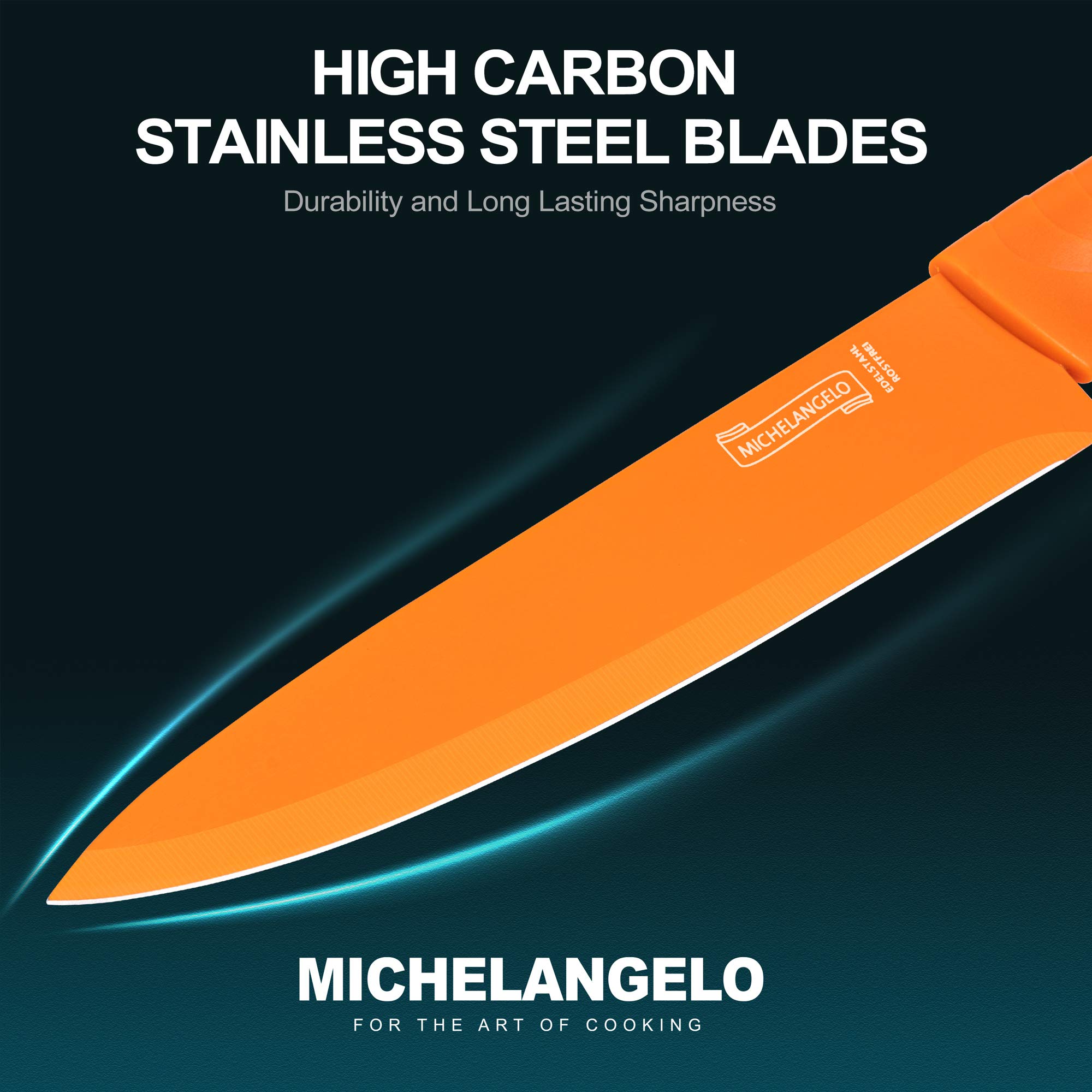 MICHELANGELO 10-Piece Rainbow Kitchen Knife Set - High Carbon Stainless Steel Knives with Blade Covers - Dishwasher Safe Colorful Chef Knife Collection for Cooking, Slicing & Food Prep - Perfect for Home Chefs & Professional Kitchens