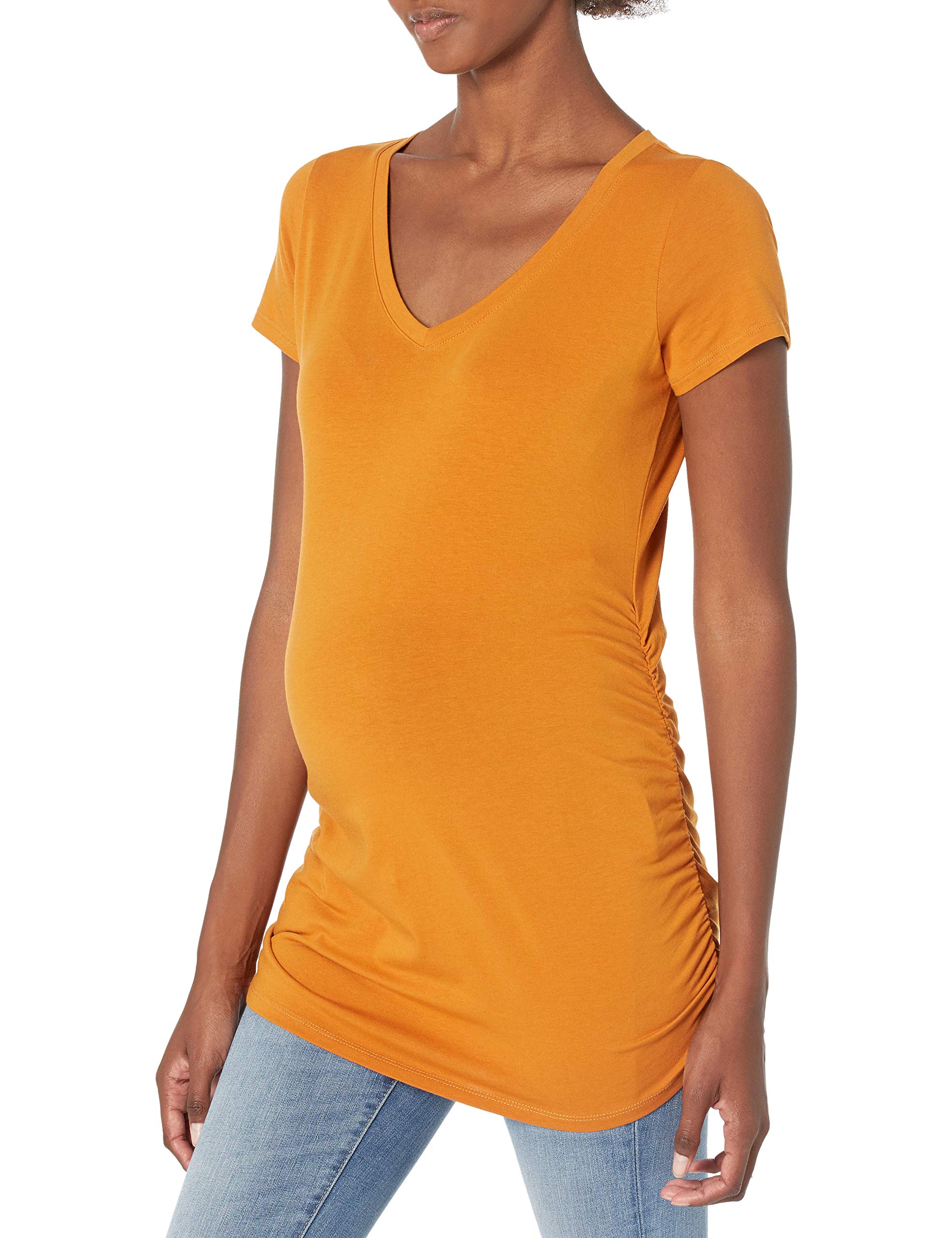 Motherhood Maternity Women's Short Sleeve V-Neck Side Ruched Tee Shirt - Comfortable Pregnancy Top for Everyday Wear & Maternity Photos