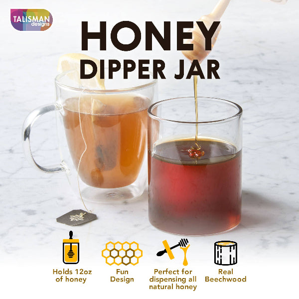 Premium Honey Dipper Jar with Wooden Dipper - Natural Honey Dispenser for Tea, Coffee & Desserts - Elegant Glass Jar for Kitchen & Dining Decor