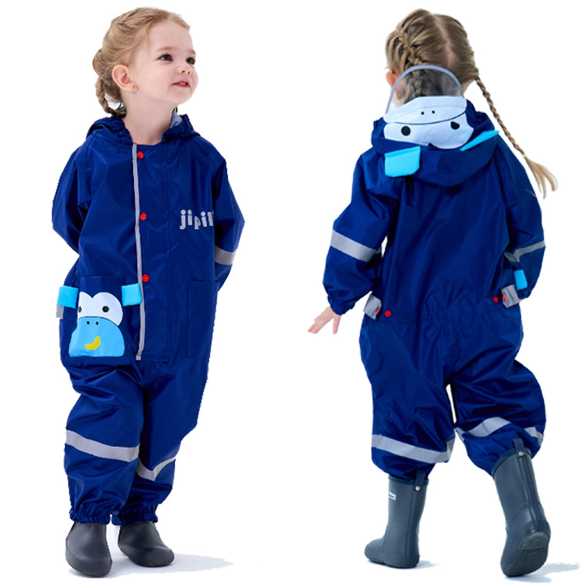 Waterproof Kids Rain Suit with Hood - Cute Monkey Print One-Piece Raincoat for Boys & Girls Ages 5-7 (Size L) - Perfect for Outdoor Play, School & Rainy Day Adventures