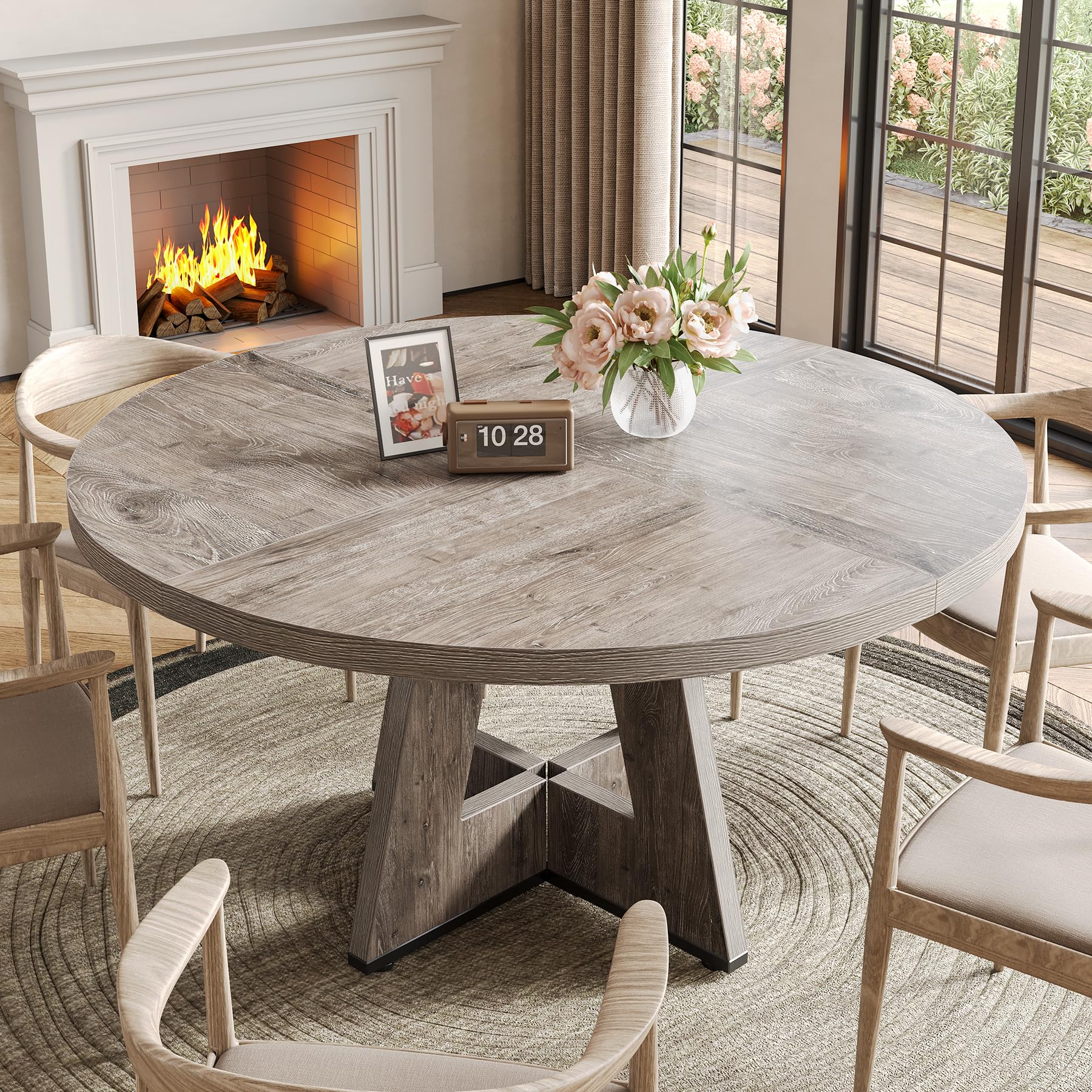 Round Dining Table for 4-6 People, 47 Inch Wooden Pedestal Base Kitchen Table, Grey Circle Dining Room Table - Perfect for Small Spaces, Breakfast Nooks, and Cozy Family Dinners (Table Only)