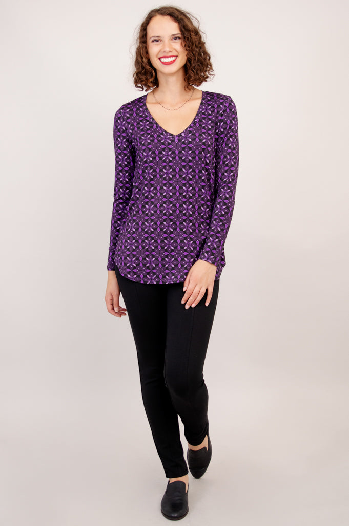 Jackie Long Sleeve Top with Geo Flower Print - Soft Bamboo Fabric - Perfect for Casual Wear & Layering - Final Sale