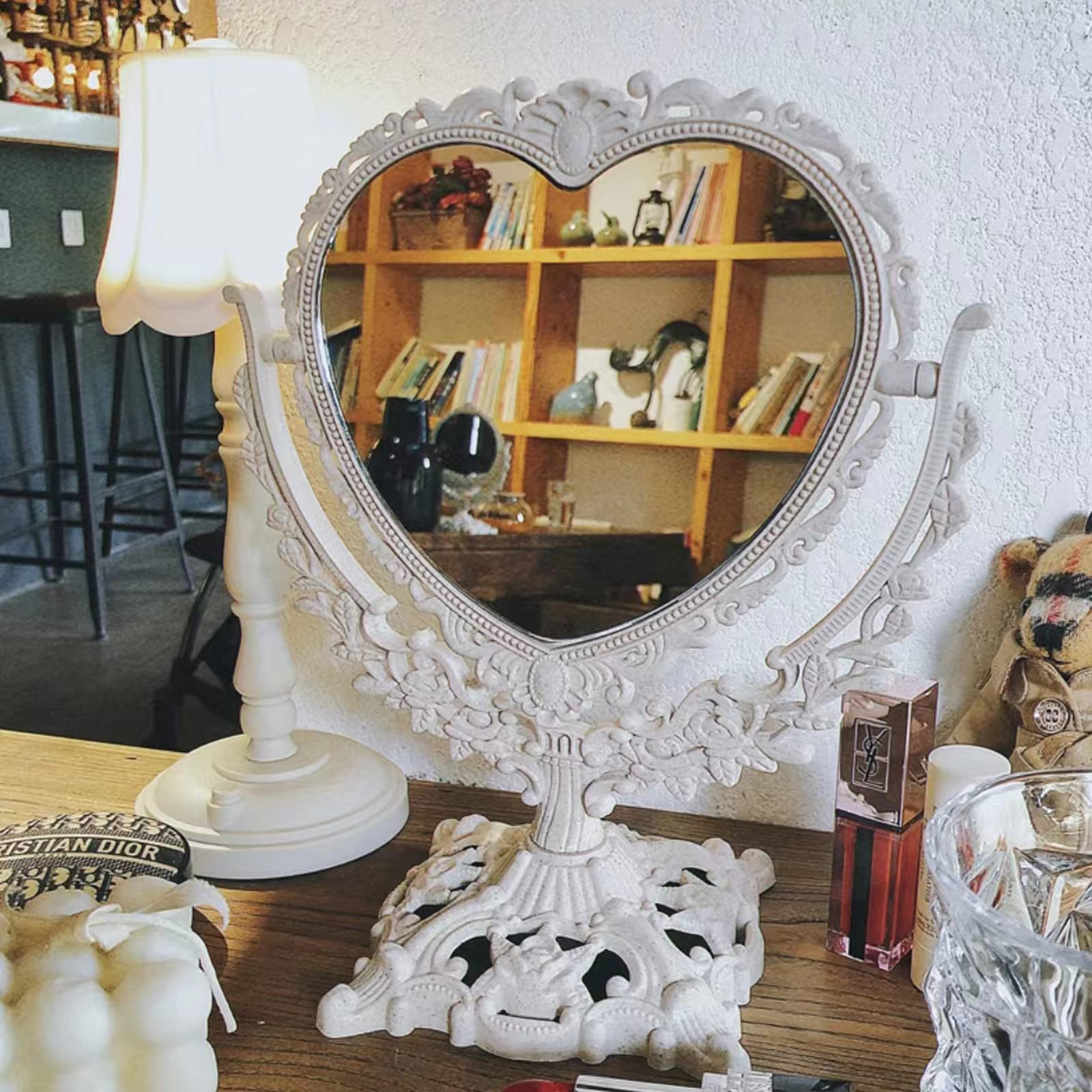 Double-Sided HD Rotating Vanity Mirror - 360° Adjustable Standing Desk Mirror with Detachable Carved Heart Design for Makeup, Dressing & Home Decor (Princess Style)