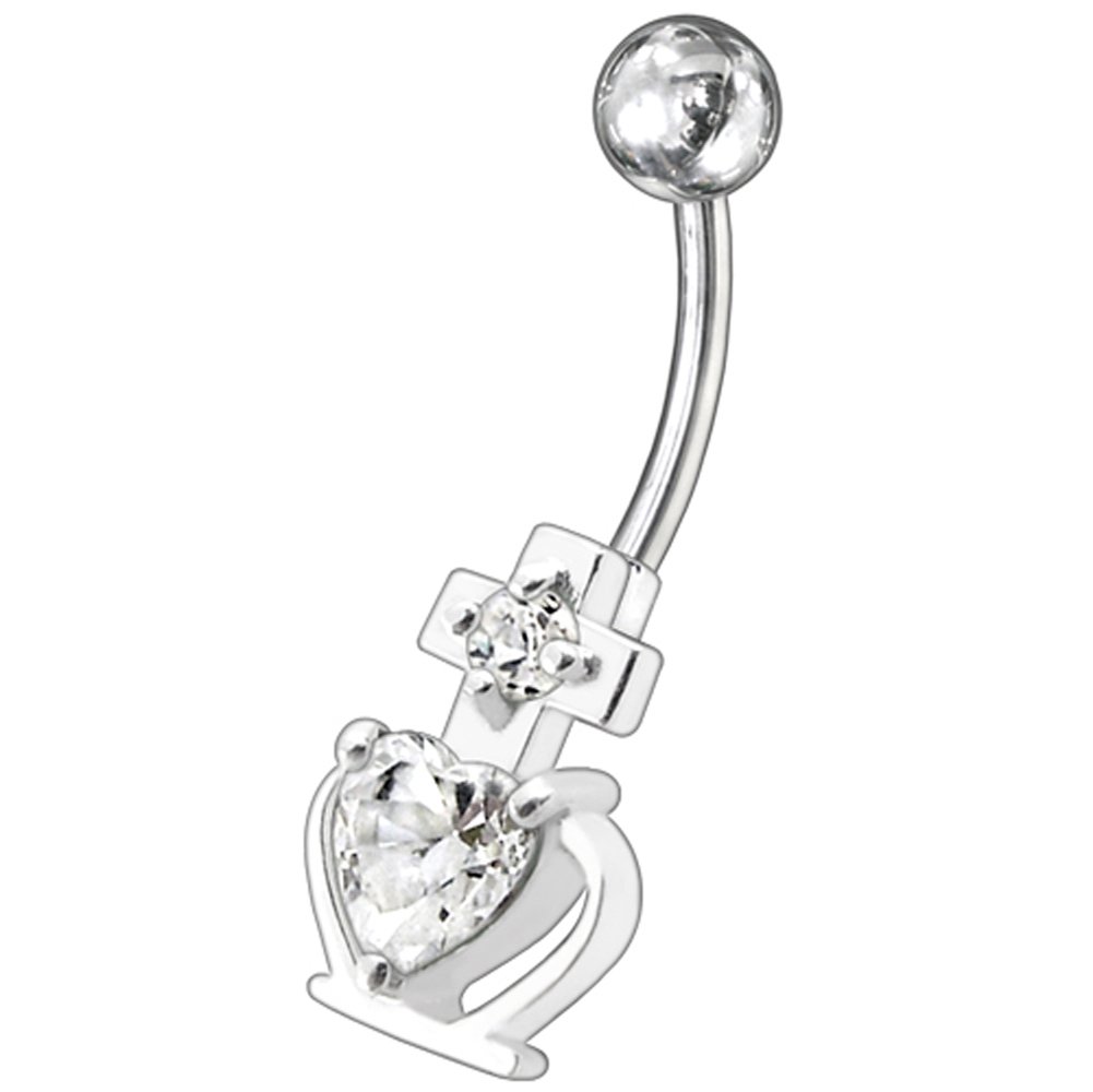 CZ Stone Cross with Heart Design 925 Sterling Silver Belly Button Ring - Stylish Body Jewelry for Women, Perfect for Parties, Beach & Everyday Wear