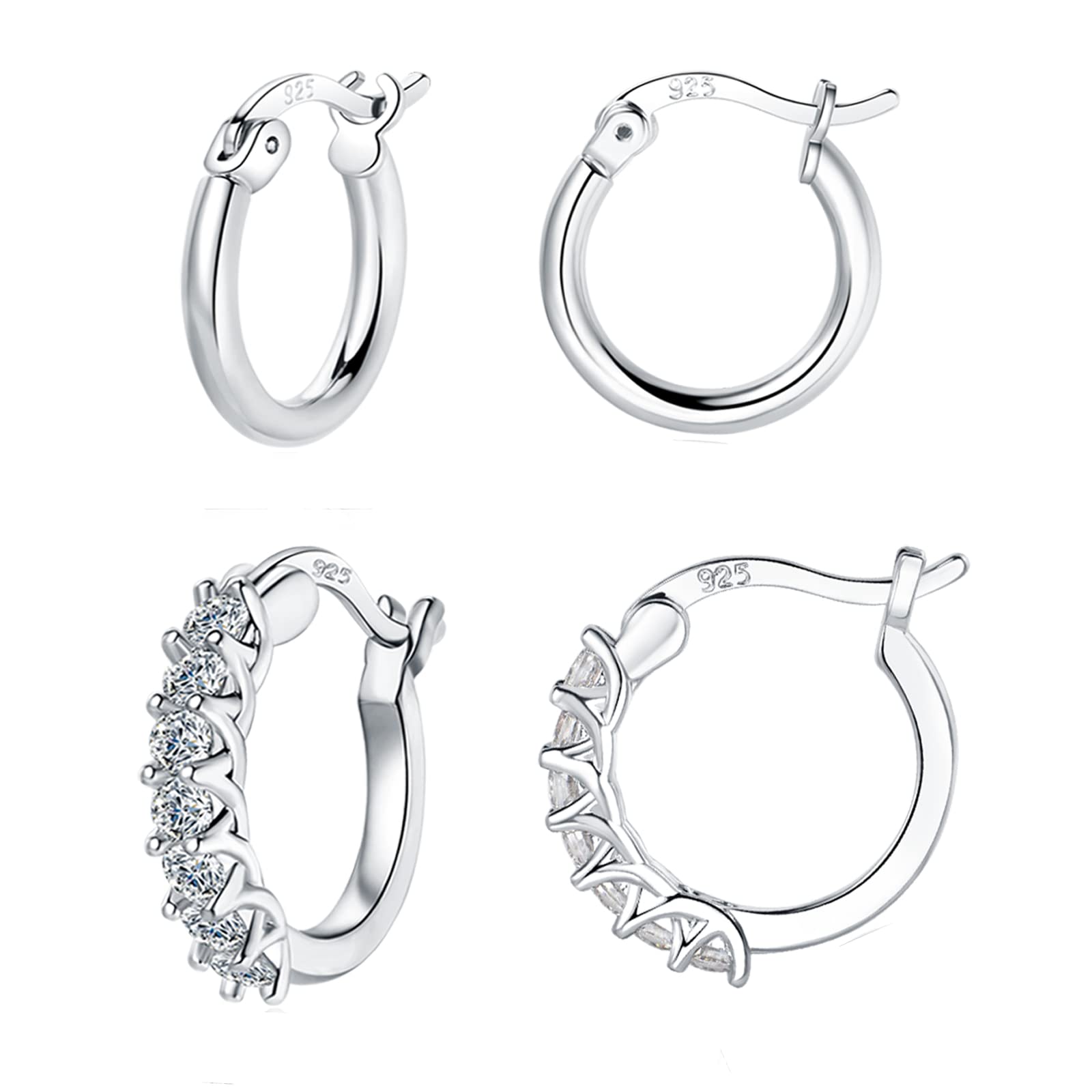 Sfoni 925 Sterling Silver Hoop Earrings for Women - Small Huggie Hoops with Cubic Zirconia (13/15/20mm) - Perfect Birthday Gift & Everyday Wear Jewelry