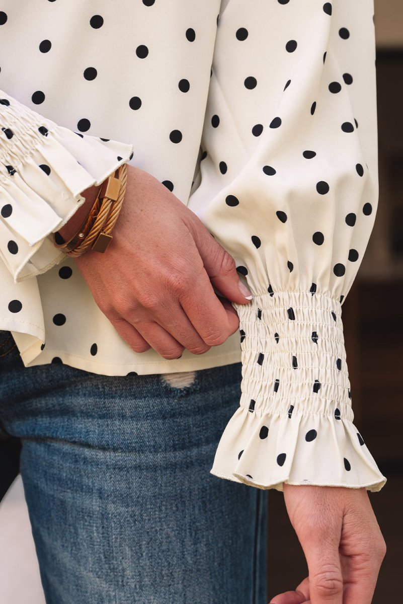 Stylish Apricot Polka Dot Print Blouse with Frilled Collar & Lantern Sleeves - Perfect for Office Wear, Date Nights & Spring Outfits