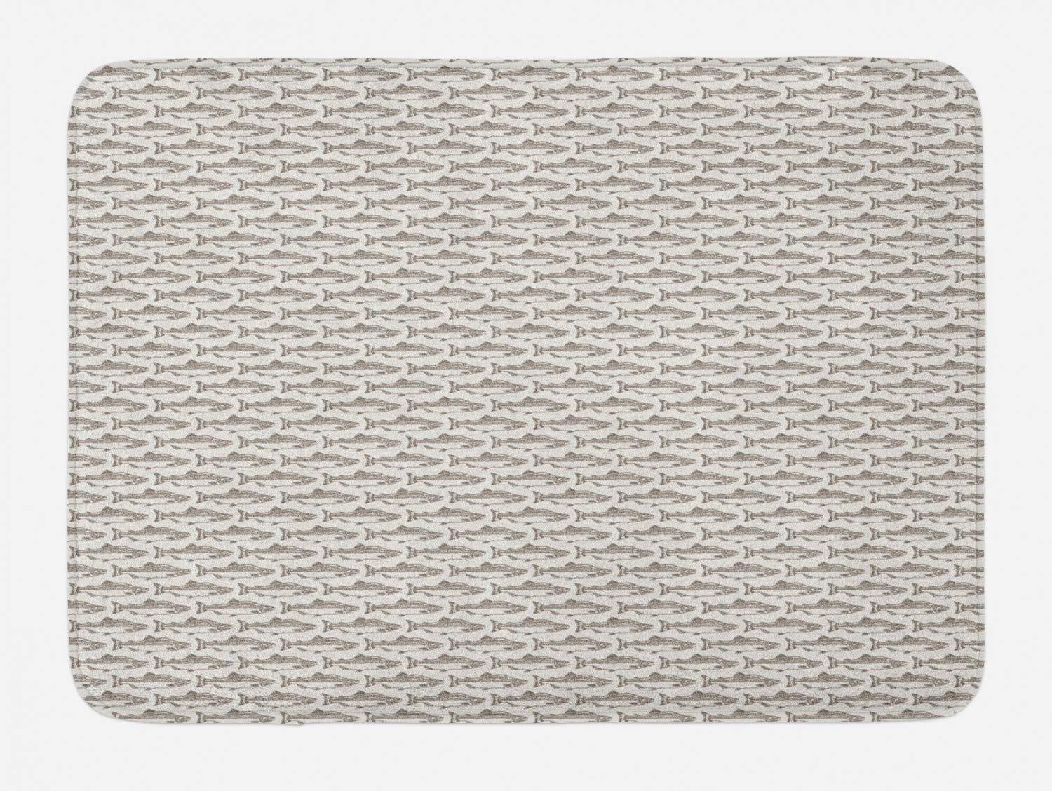 Ambesonne Non-Slip Plush Bath Mat - Hand-Drawn Salmon Fish Continuous Pattern, Pearl & Taupe, 30.2