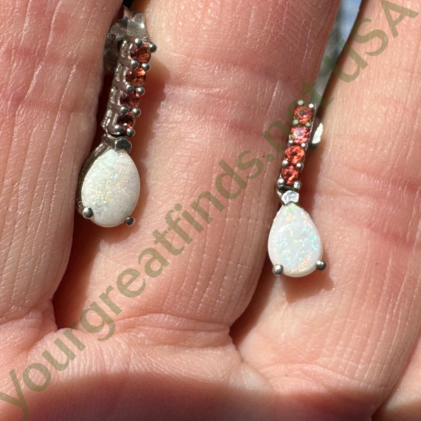 Sterling Silver White Opal & Orange Garnet Stud Earrings for Women - Dainty Pierced Post Jewelry for Everyday Wear, Gift Giving & Special Occasions