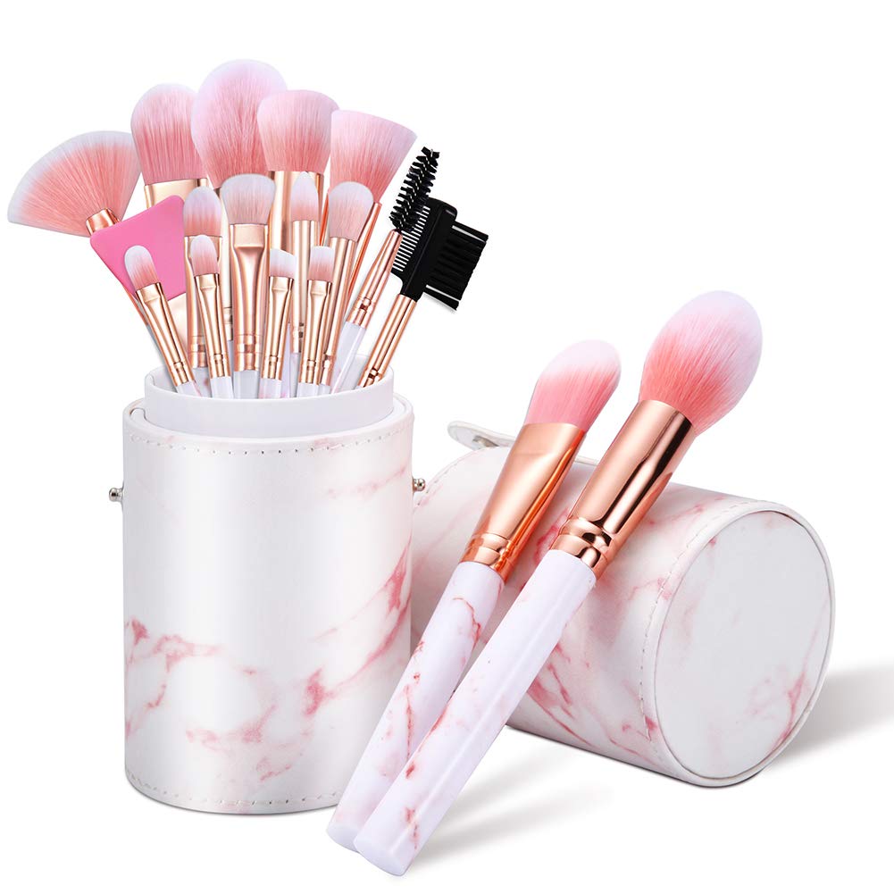 16PCS Pink Marble Makeup Brush Set - Foundation, Eyeshadow, Concealer & Blush Brushes with Holder | Professional Cosmetic Brush Kit for Makeup Artists & Beginners | Perfect for Daily Makeup, Salon Use & Travel