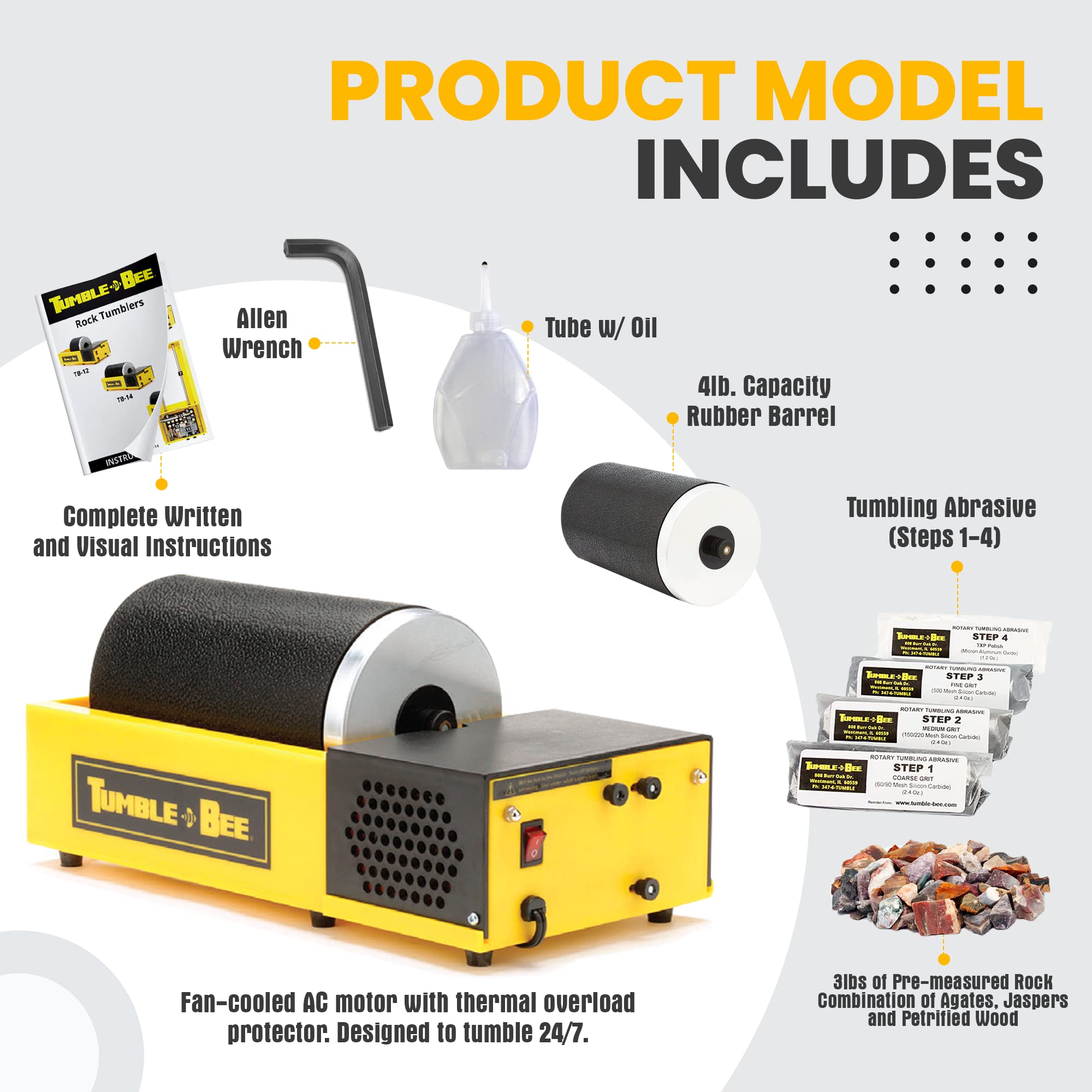 Tumble-Bee Rock Tumbler Kit - Professional Rotary Polishing Machine for Stones, Rocks, Metals & Sea Glass - Perfect for Adults & Kids (Model TB-14-KIT) - Great for Jewelry Making, Lapidary & DIY Craft Projects