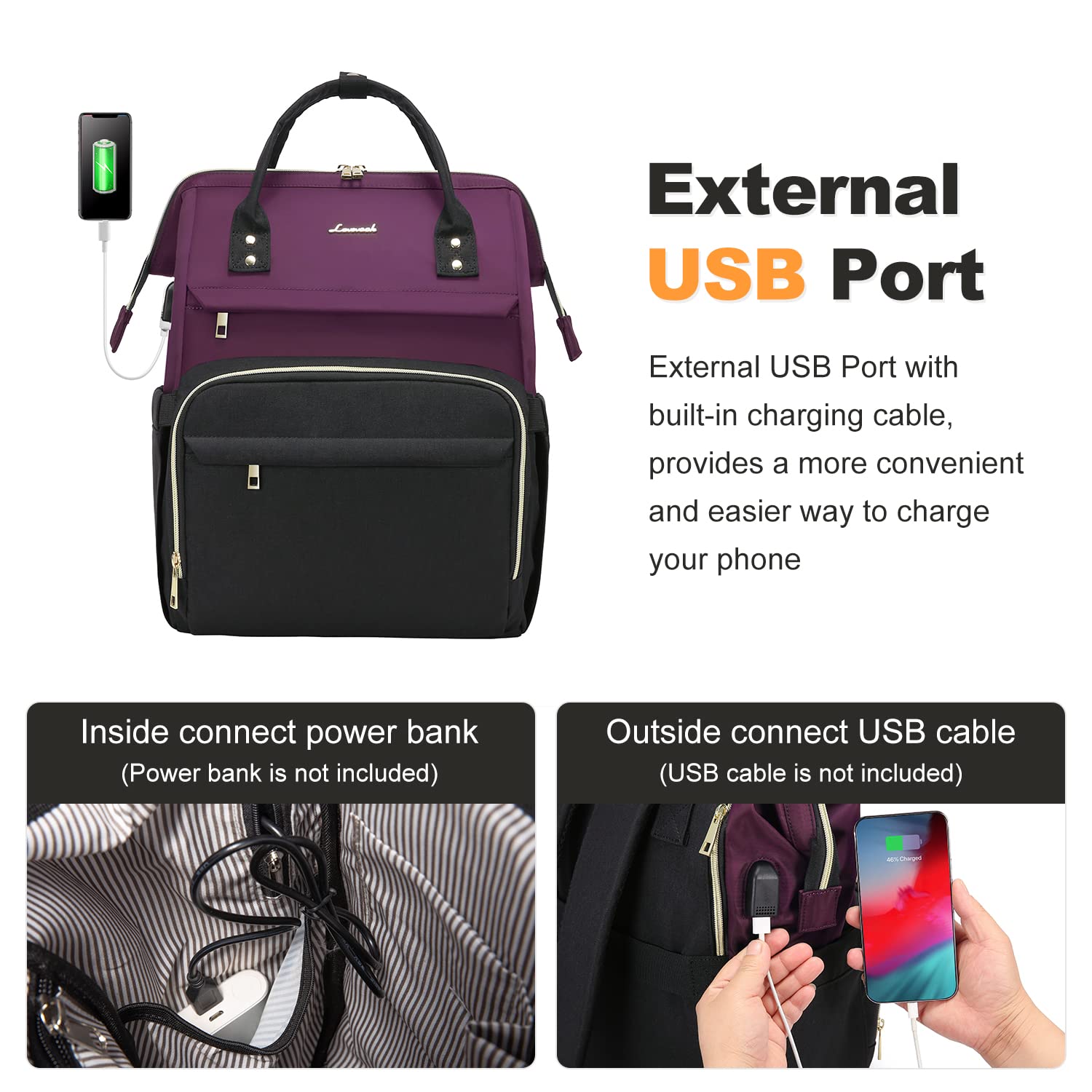 LOVEVOOK Women's Fashion Business Laptop Backpack with USB Port - 15.6-Inch Travel, Work, and School Bag in Dark Purple-Black for Professionals and Students
