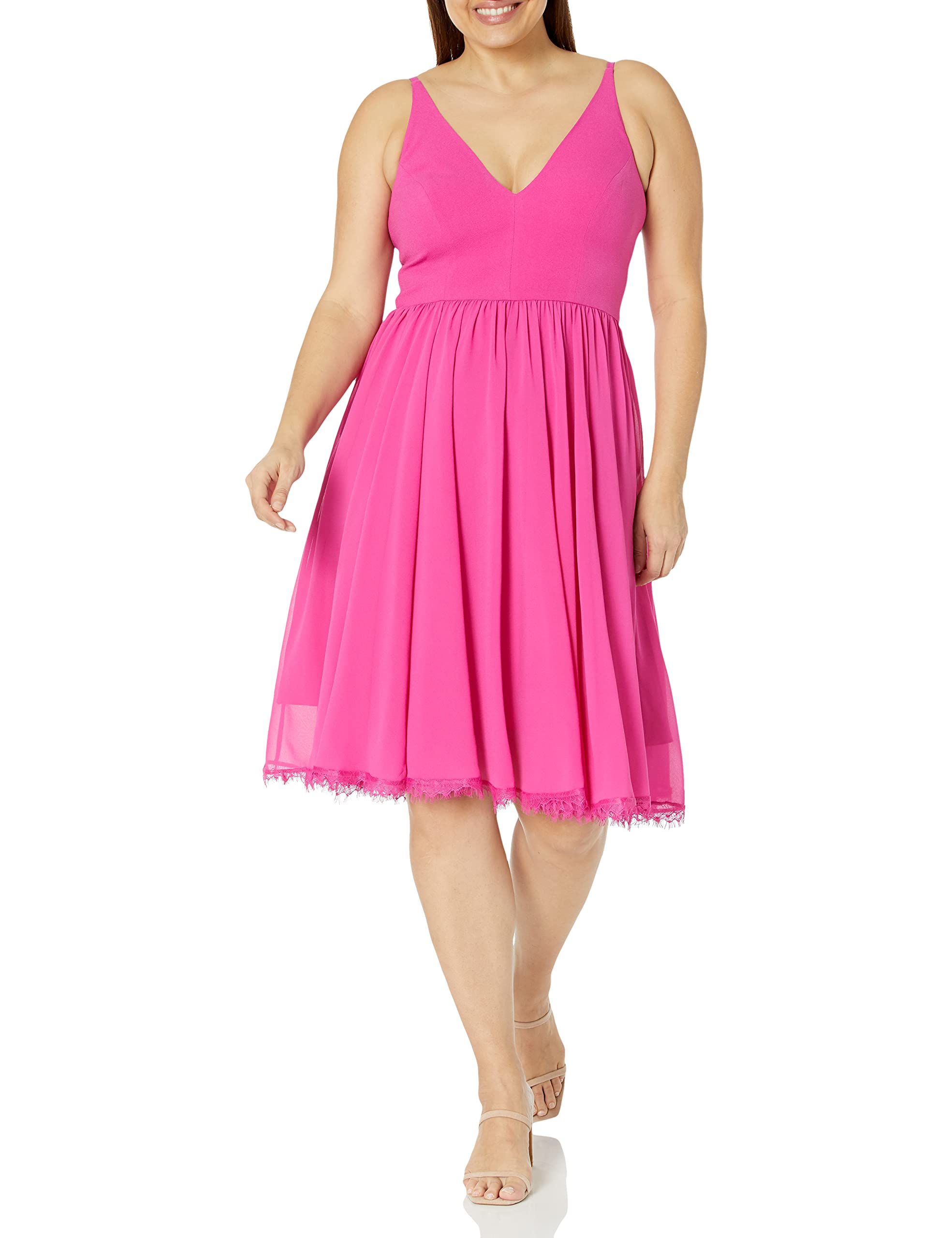 Dress the Population Women's Alicia Sleeveless V-Neck Fit & Flare Midi Dress for Wedding, Cocktail Party & Special Occasions