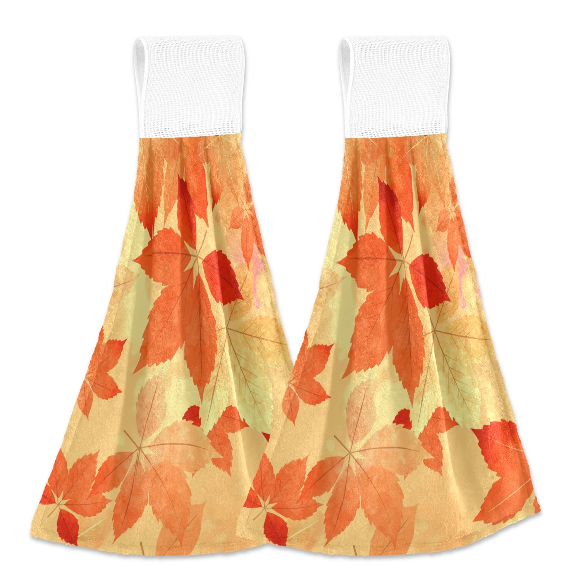 Autumn Maple Leaf Hanging Kitchen Towels - Fast Drying Dish Cloths & Tea Towels Set of 2 - Fall Leaves Bathroom Hand Towels for Bath, Table, Gym & Home Decor - Perfect for Thanksgiving, Halloween & Seasonal Decorations