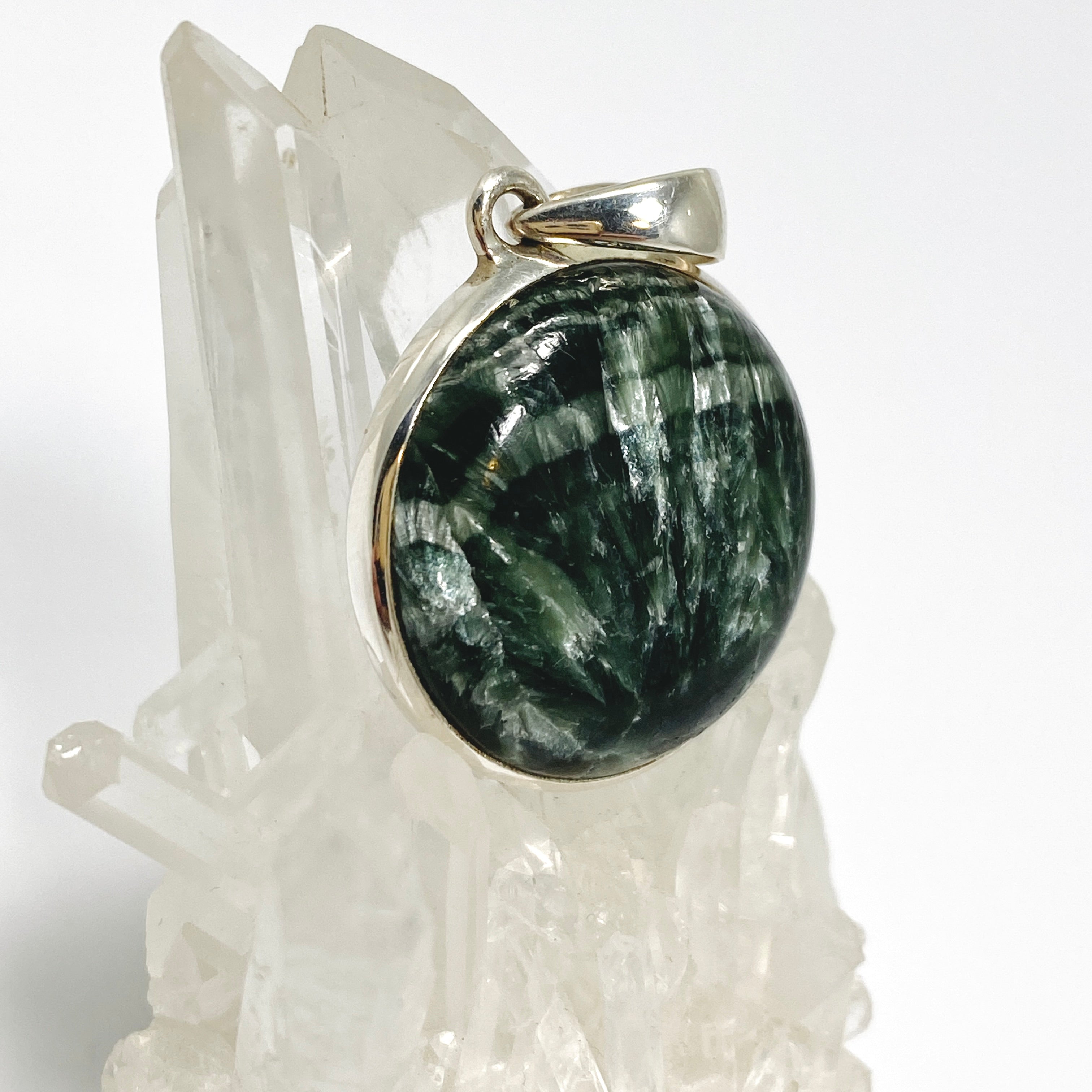 Natural Seraphinite Round Cabochon Pendant Necklace - Handmade Silver Jewelry for Women | Perfect for Meditation, Healing & Spiritual Gifts