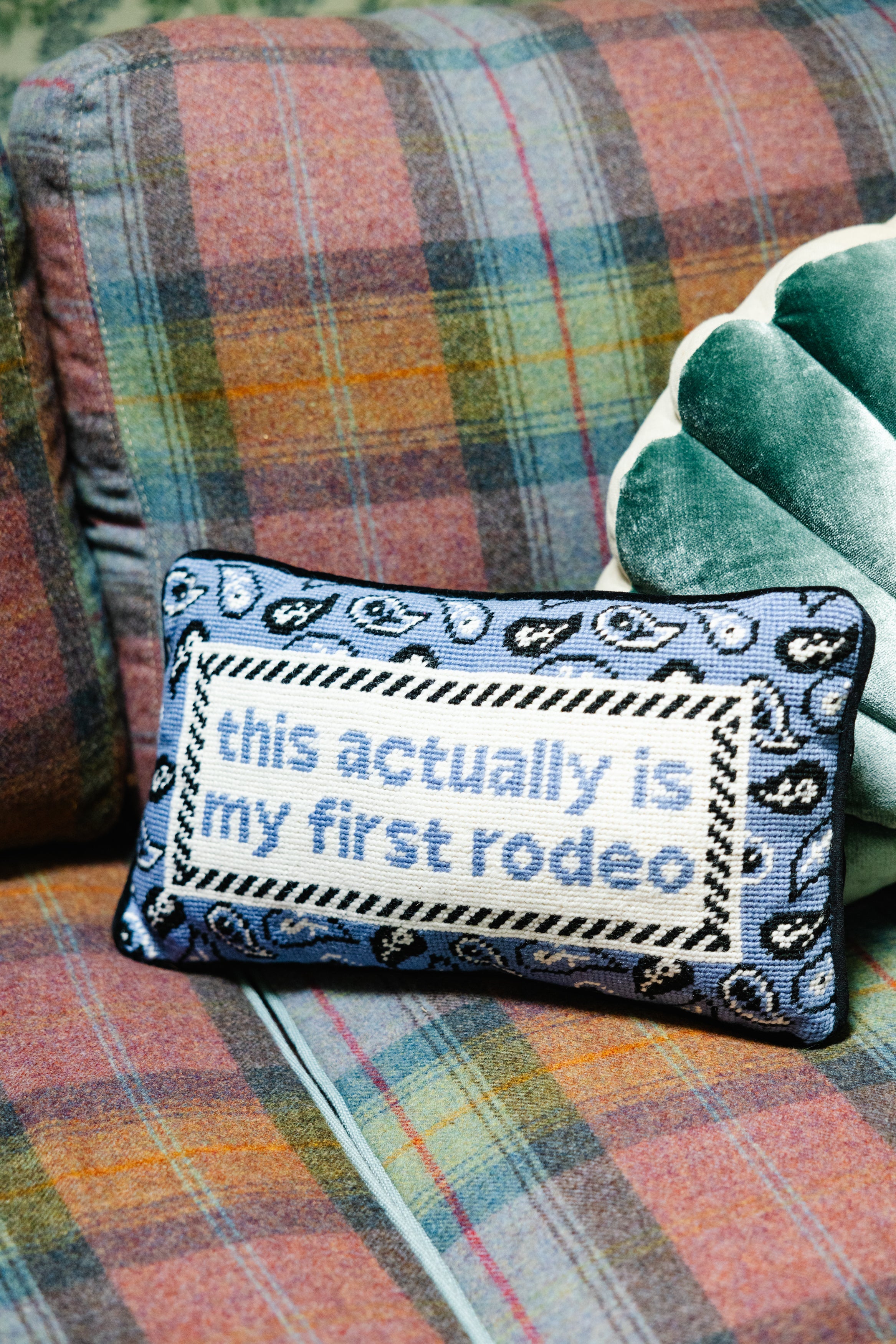 First Rodeo Needlepoint Pillow - Western Cowboy Decor for Home, Ranch, or Cabin - Perfect for Living Room, Bedroom, or Gift