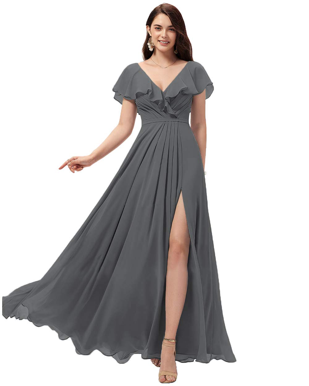 Elegant V-Neck Long Chiffon Bridesmaid Dress with Slit & Ruffle Detail - Formal Evening Gown for Women (Style YZTS004) | Perfect for Weddings, Proms, and Special Occasions