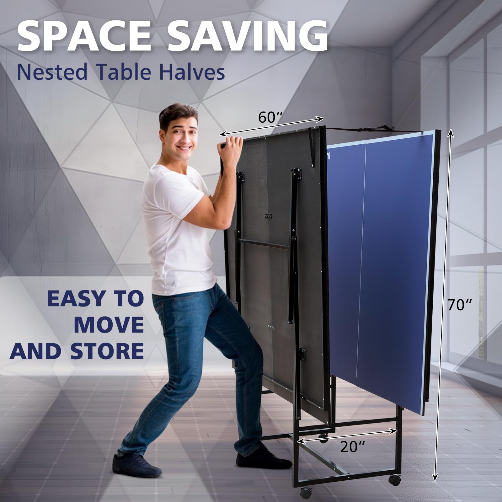 Regulation Size Folding Ping Pong Table with Wheels - Portable Indoor/Outdoor Table Tennis Set Includes 2 Paddles, 2 Balls & Net - Perfect for Home, Office, Backyard or Gym Use (Blue)