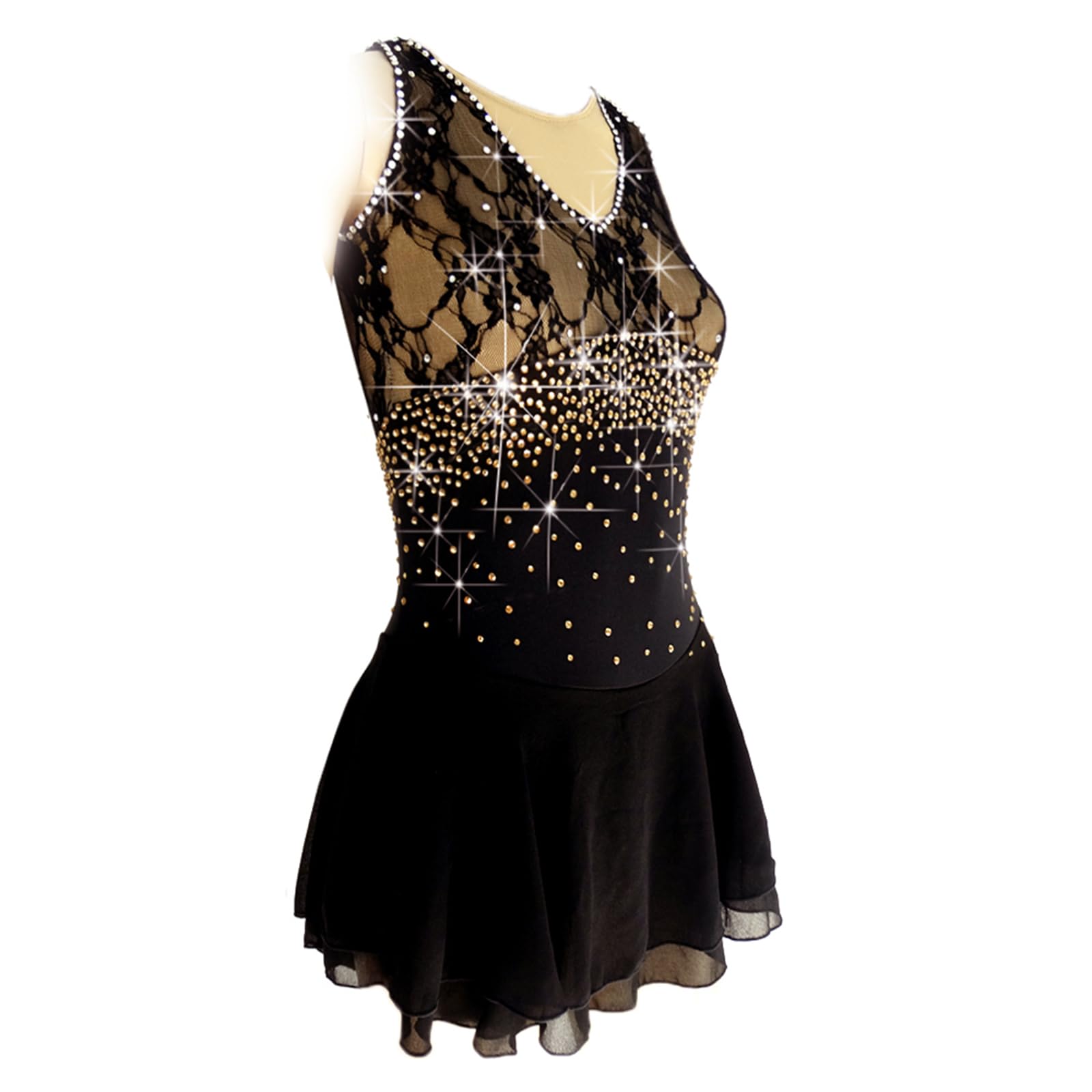 LIUHUO Women's Figure Skating Dress - Black Lace Stretchy Fabric Ice Skating Costume for Girls & Women - Perfect for Solo Competitions, Dance Performances & Ice Shows