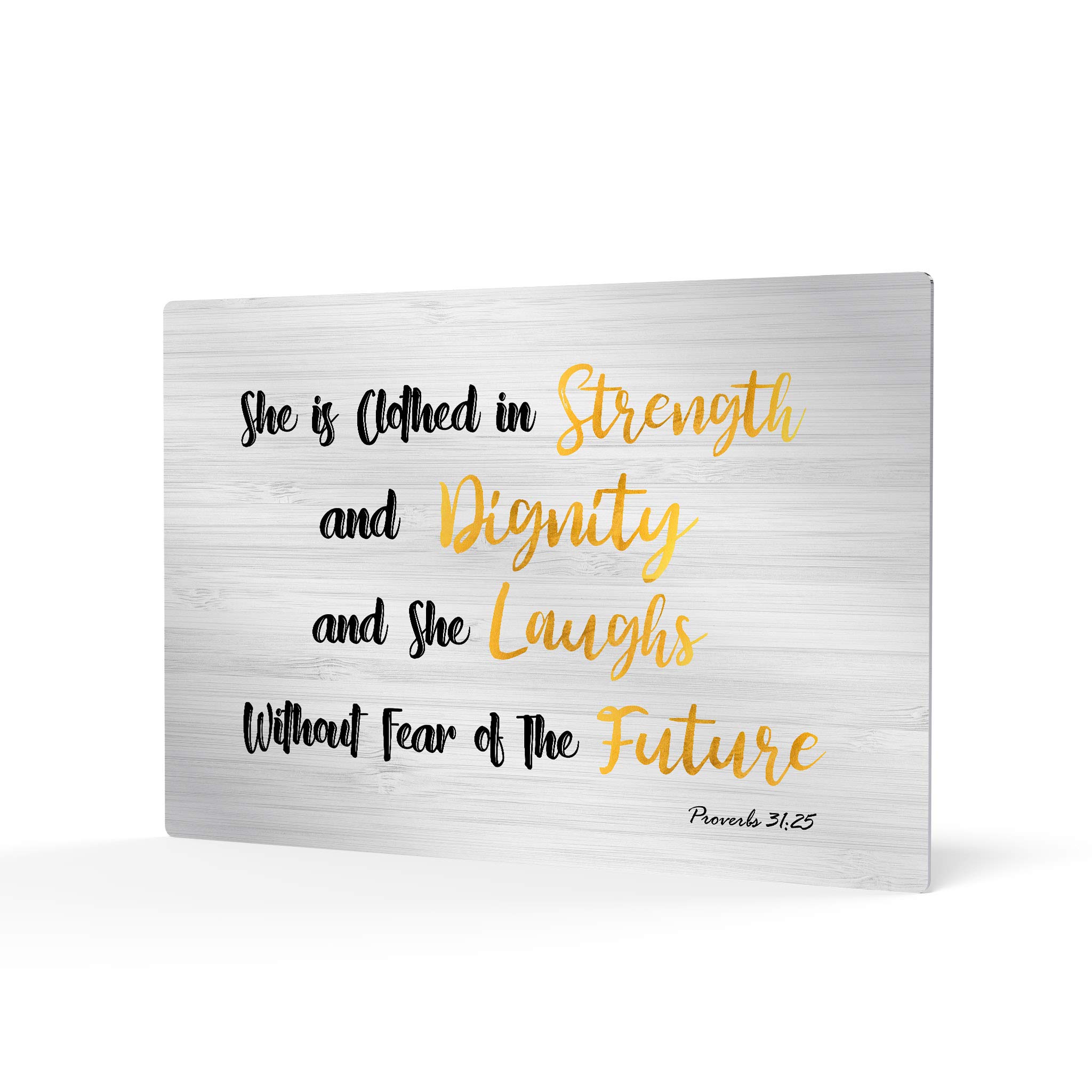 Inspirational Christian Wall Art - Proverbs 31:25 Bible Verse Metal Print Decor 'She is Clothed in Strength & Dignity' Ready to Hang 24x36 - Perfect for Home, Office & Church Decorations
