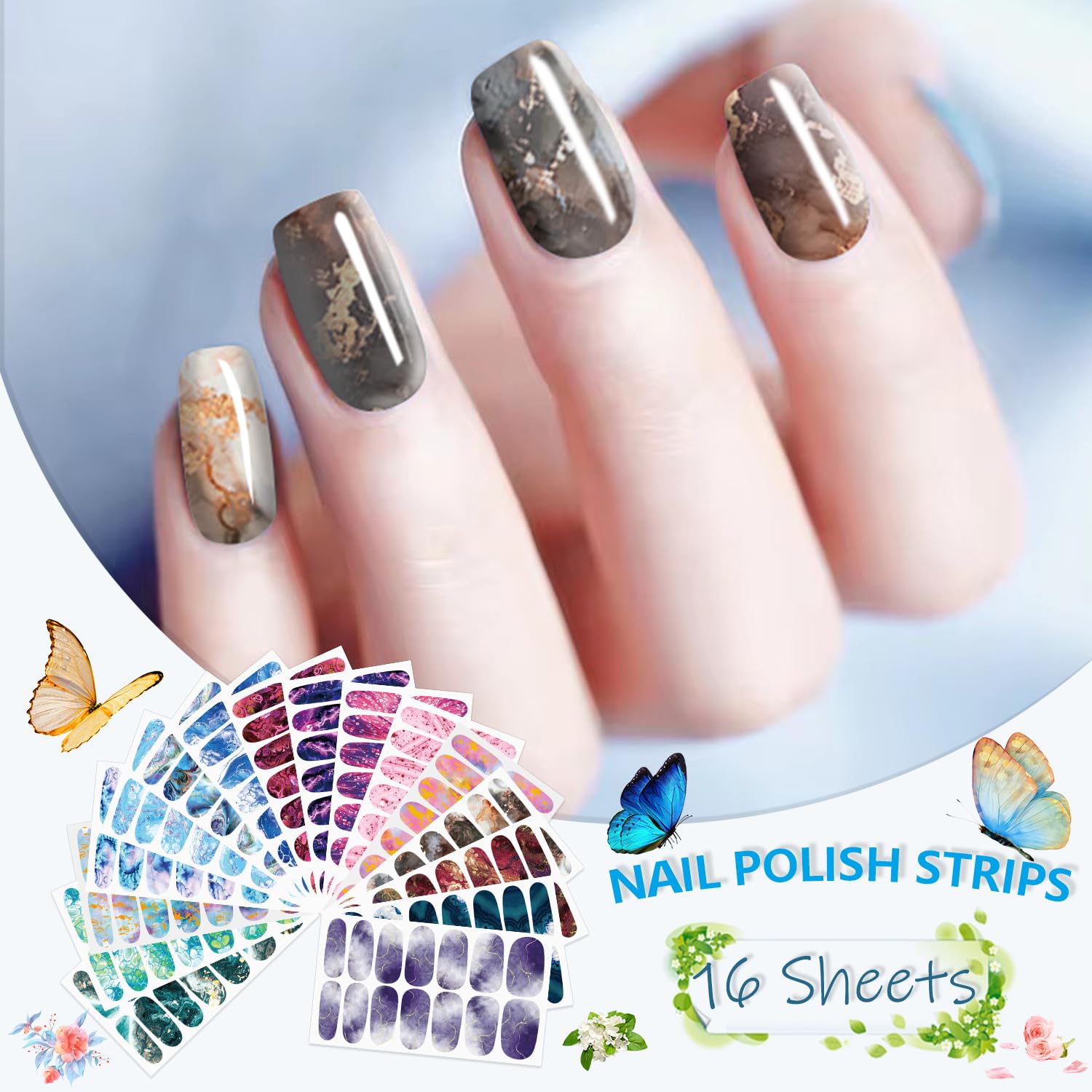 SILPECWEE 16 Sheets Nail Polish Stickers - Full Cover Self-Adhesive Nail Wraps for Women, Gel Nail Strips Press on Manicure Stickers with Nail File (Colorful Marble Design) - Perfect for Home Manicures, Parties & Gifts