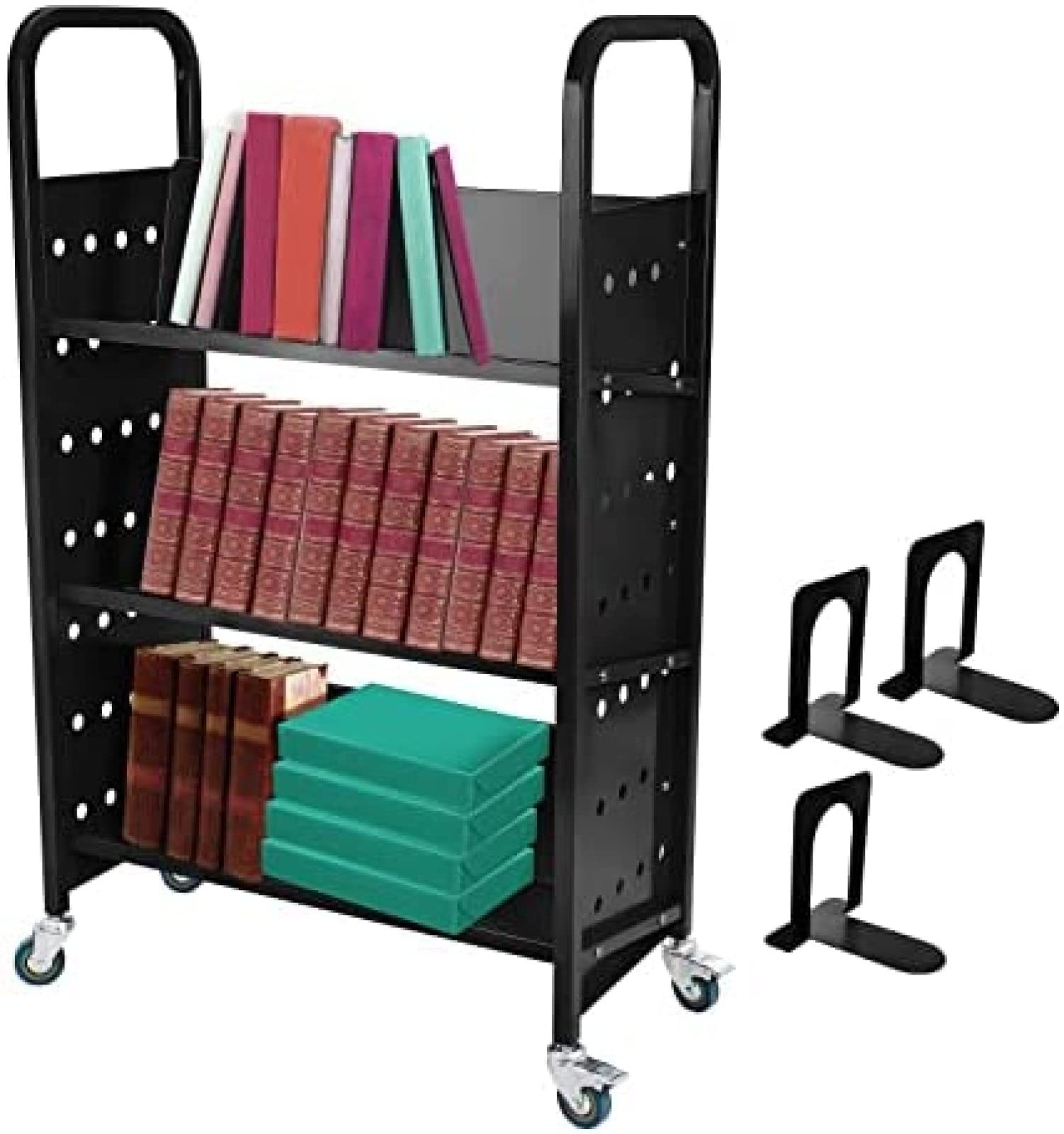 200 LBS Heavy Duty Library Book Cart - Single Sided L-Shaped & V-Shaped Rolling Book Truck with 4 Lockable Wheels for Home, Office, School - Perfect for Book Storage, Classroom Organization & Library Management