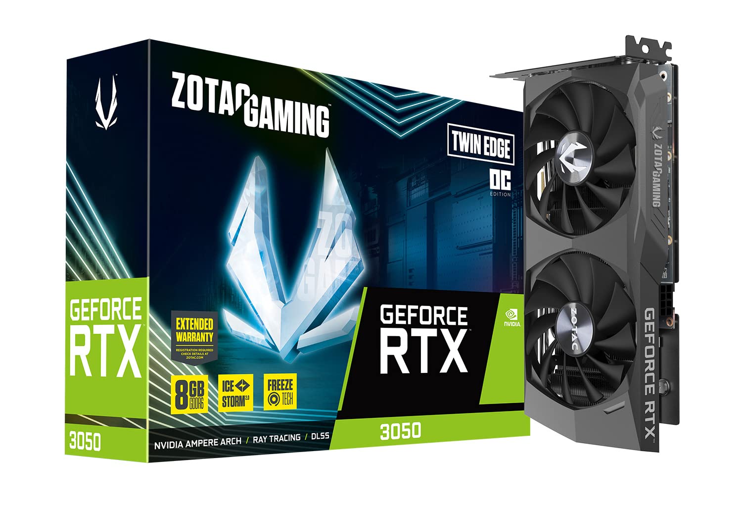 ZOTAC Gaming GeForce RTX 3050 Twin Edge OC 8GB GDDR6 128-bit 14Gbps PCIe 4.0 Graphics Card - IceStorm 2.0 Cooling, Freeze Fan Stop, Active Fan Control - Perfect for 1080p Gaming, Streaming & Content Creation (Model: ZT-A30500H-10M)