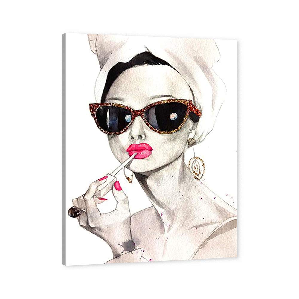 GUTTATY Pink Lips Audrey Hepburn Canvas Wall Art - 32x48 Inches Framed Bathroom Decor, Ready to Hang Women's Dressing Room Pictures, Modern Wall Art for Girls Bedroom & Home Decor | Perfect for Bathroom, Bedroom, Living Room & Office Wall Decoration