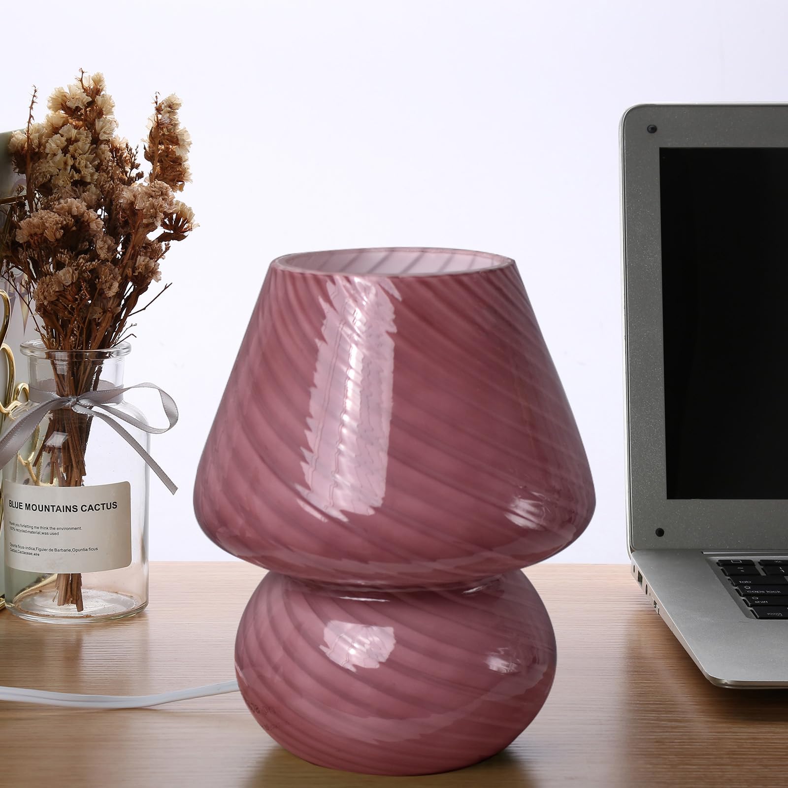 Vintage Style Purple Translucent Glass Mushroom Lamp - Striped Murano Nightstand & Desk Light for Bedroom, Living Room, Dining Room Decor | Perfect Gift Idea & Cozy Ambiance Lighting