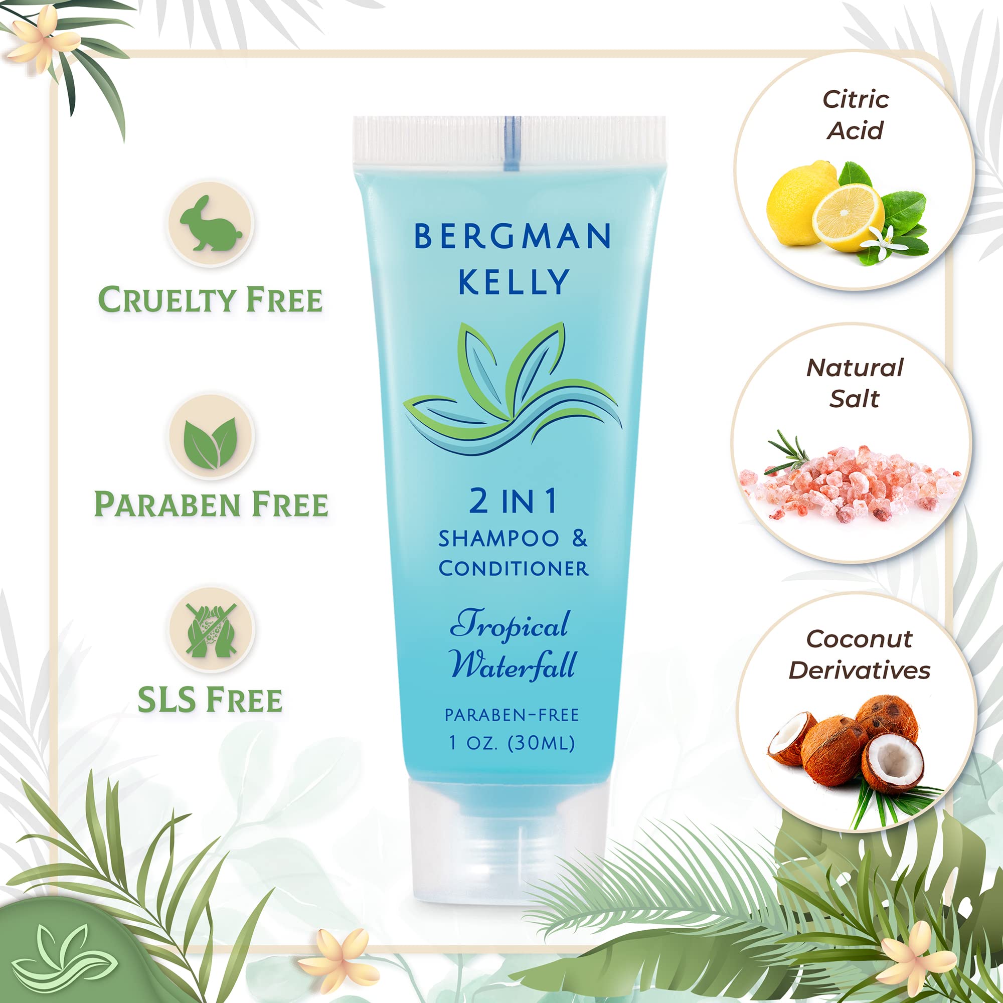 BERGMAN KELLY Round Soap Bars - 2in1 Shampoo & Conditioner Set (Tropical Waterfall Scent, 1 oz Each, 100-Piece Bulk Pack) - Moisturizing & Refreshing Hotel Amenities for Guest Bathrooms, Spas, and Luxury Travel Toiletries