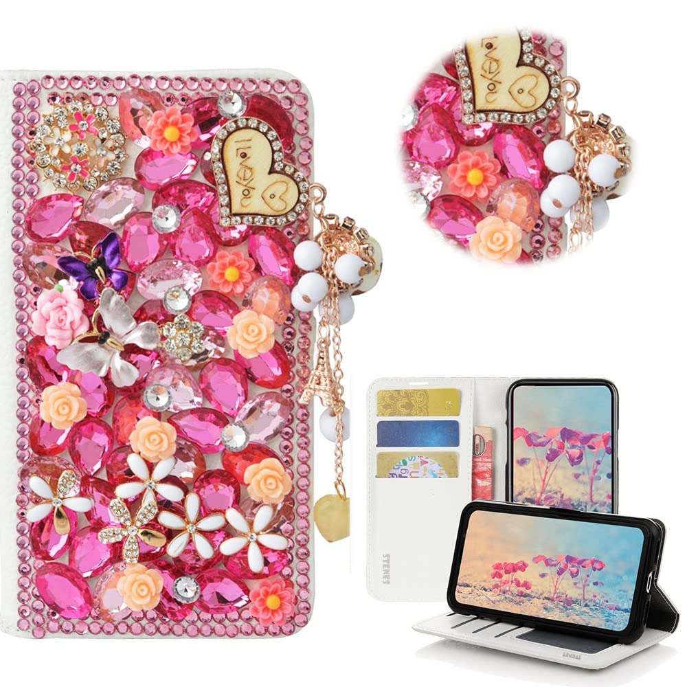 STENES Bling Wallet Phone Case for OnePlus Nord N200 5G - 3D Handmade Heart Pendant Butterfly Floral Magnetic Leather Cover with Stand - Pink | Perfect for Women, Girls, Fashion Accessories & Everyday Use