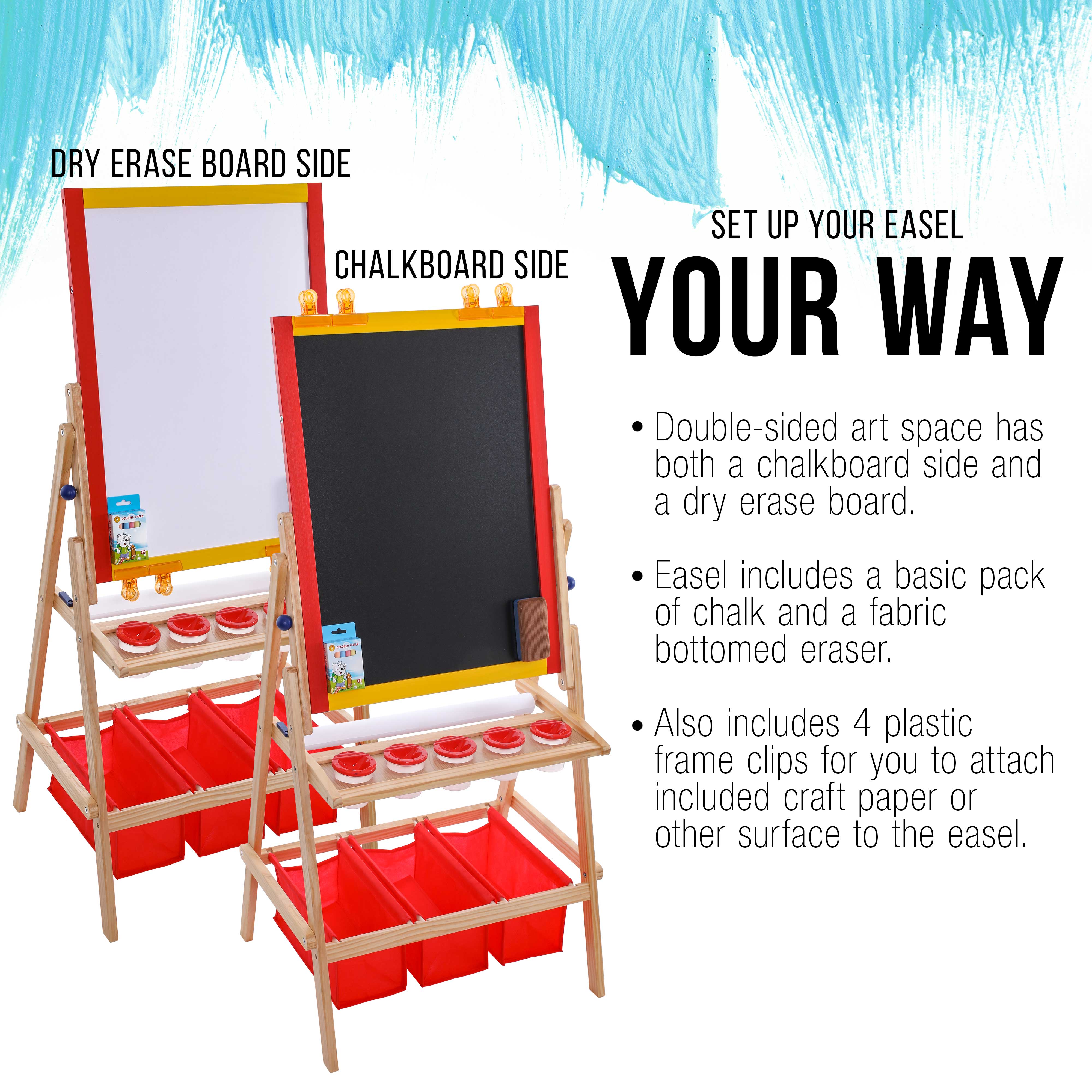 Double Sided Kids Art Easel Board - Chalkboard & Dry Erase Board with Paper Roll, 3 Storage Bins & 5 No-Spill Paint Cups - Perfect for Home, Classroom & Preschool Creative Activities