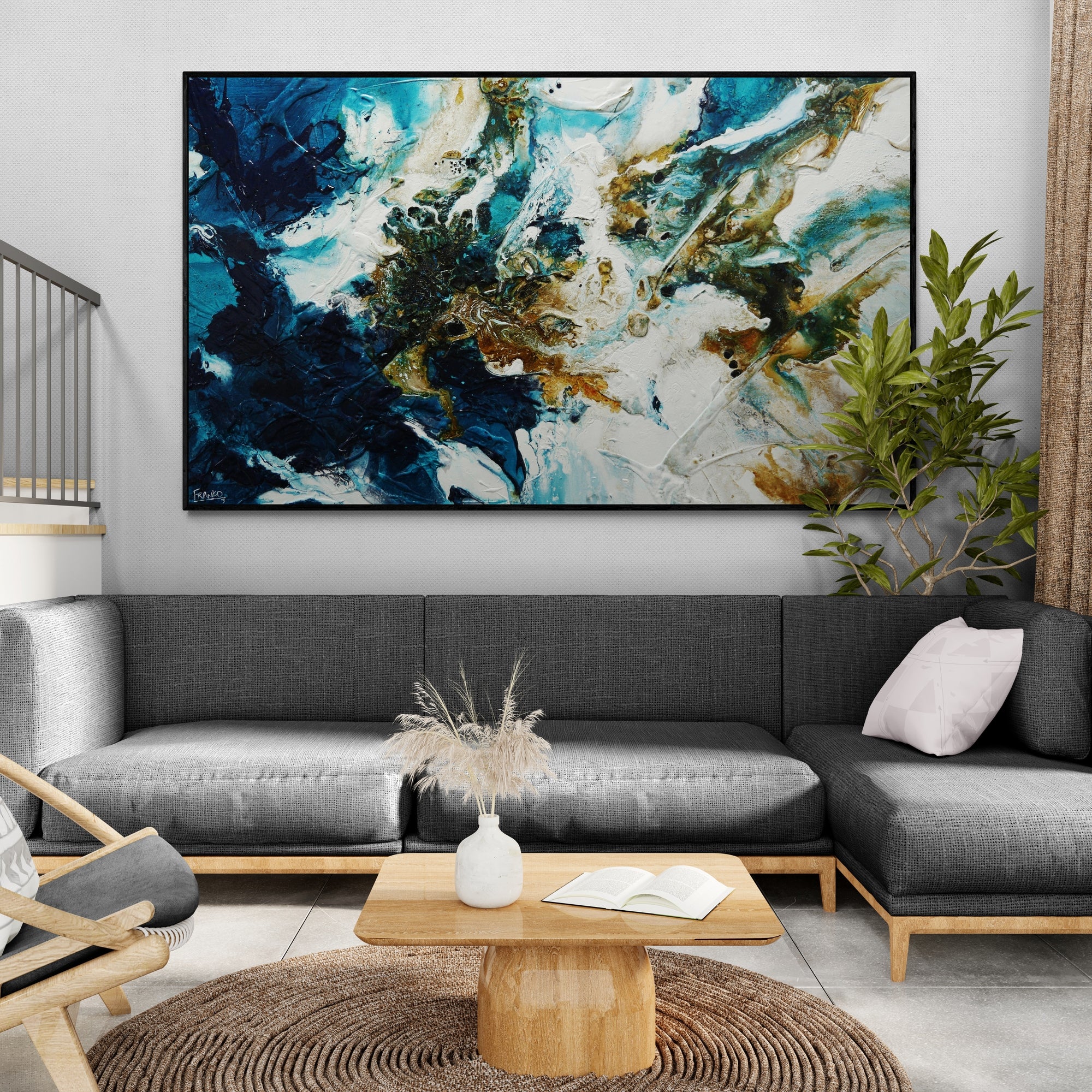 Rustic Teal and Blue Abstract Textured Painting - Modern Wall Art for Living Room, Bedroom & Office Decor