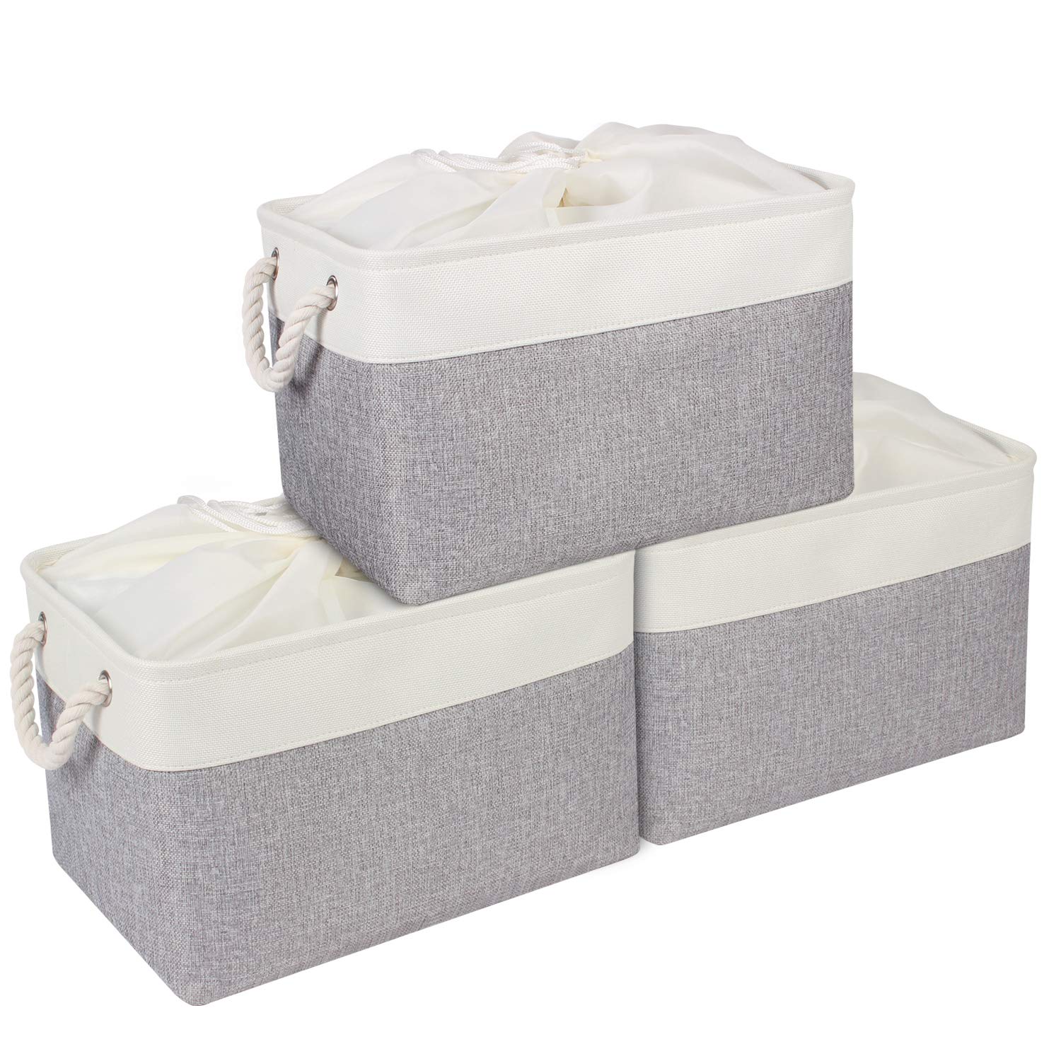 KEEGH 3-Pack Fabric Storage Bins with Drawstring Cover & Handles - Gray Organizing Baskets for Closet, Home & Office (15