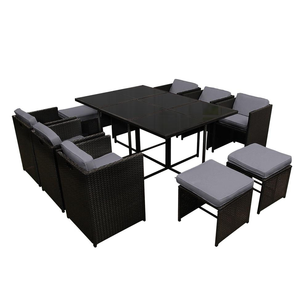 11-Piece PE Wicker Outdoor Dining Set - Black Rattan Patio Furniture for Garden, Poolside, Backyard & Balcony