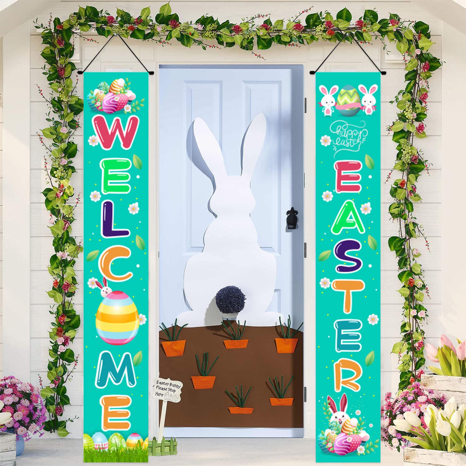 Set of 2 Easter Decorations Banner Porch Signs - Outdoor & Indoor Party Decorations, Welcome Hanging Front Door Decor for Spring Celebrations - Happy Easter Wall Hanging Flags & Banners for Home, Garden, Church and Easter Egg Hunt Parties