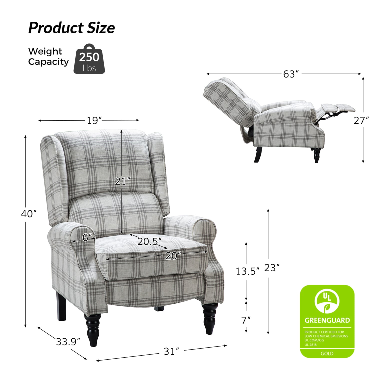 Erdeni Upholstered Manual Wingback Recliner Chair - Comfortable Living Room Armchair with Smooth Reclining Mechanism - Perfect for Home Theater, Reading Nook & Relaxation
