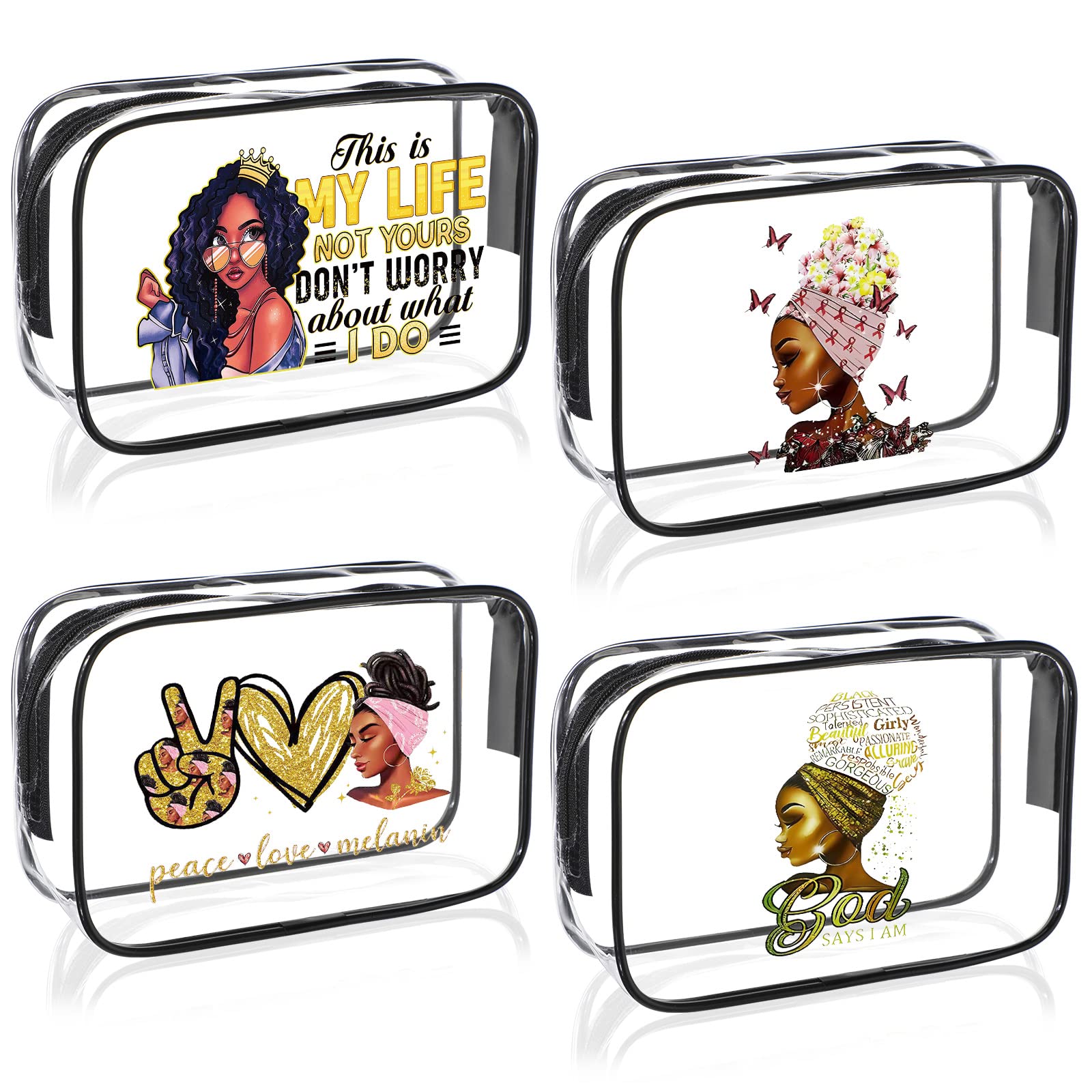 Sweetude 4-Piece African American Makeup Bag Set - Waterproof Travel Toiletry Organizer with Zipper, Funny Inspirational Cosmetic Pouches for Black Women | Perfect for Travel, Gym, Work & Daily Essentials Storage
