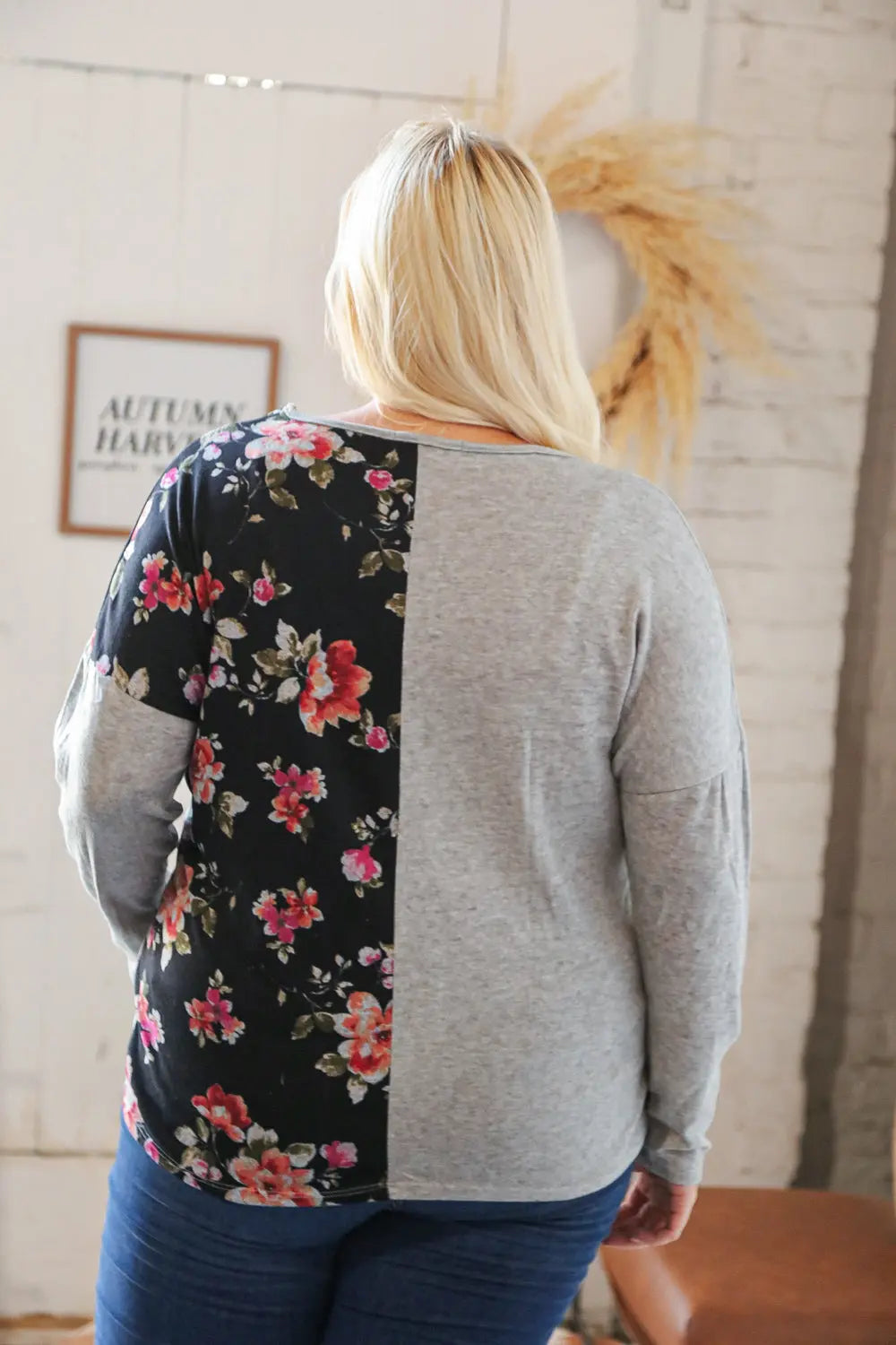 Elegant Grey & Black Floral Surplice Button Knit Top for Women - Casual Chic Blouse for Office, Date Night & Spring Outfits