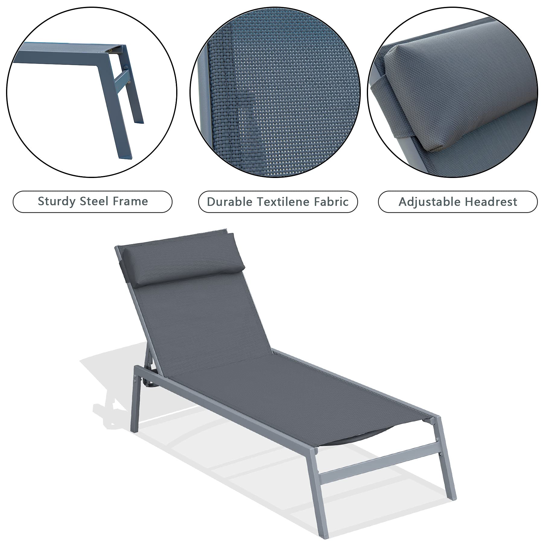 Domi Patio Chaise Lounge Set - 5-Position Adjustable Pool Lounge Chairs with Breathable Textilene Fabric, Headrest & Side Table - Sturdy Steel Frame Outdoor Furniture (Grey) - Perfect for Poolside Relaxation, Backyard Lounging & Patio Decor
